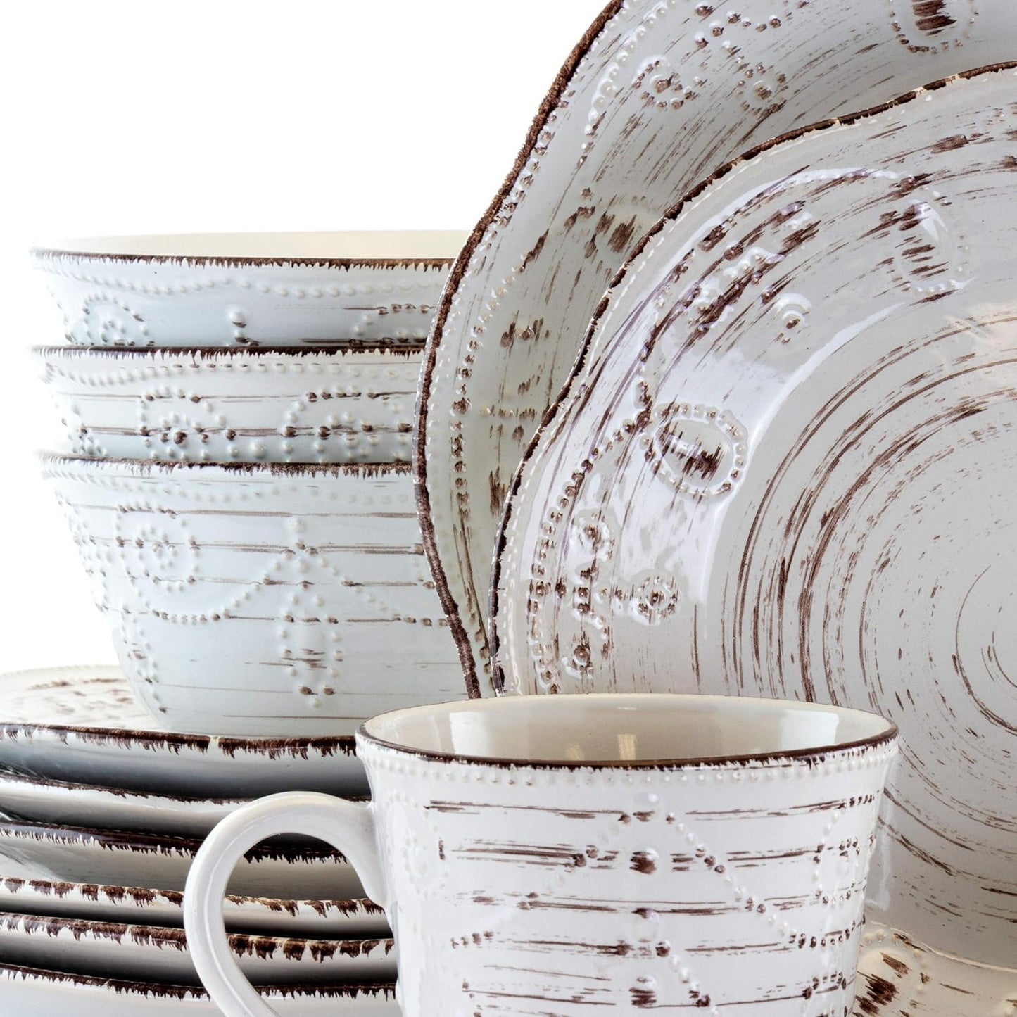 Elama Rustic Birch 16 Piece Embossed Scalloped Stoneware Round Dinnerware Set in White with Brown Accents