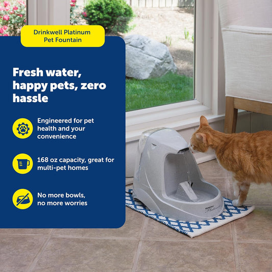 PetSafe Drinkwell Platinum Pet Fountain - Supports Healthy Hydration - Encourages Drinking - Carbon Filter Removes Odors - Adjustable Stream - BPA-Free - Large Water Capacity - Easy to Clean - 168 oz