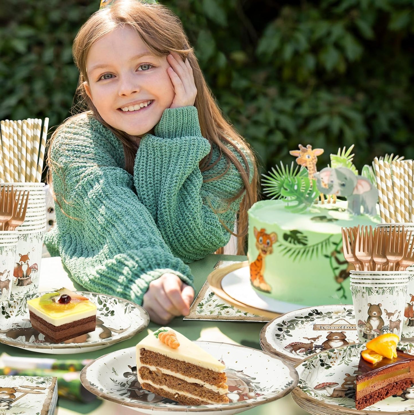 300Pcs Woodland Baby Shower Party Supplies - Serves 50 Guests, Safari Jungle Animal Party Decorations Include Plates and Napkins, Cups, Straws, Forks