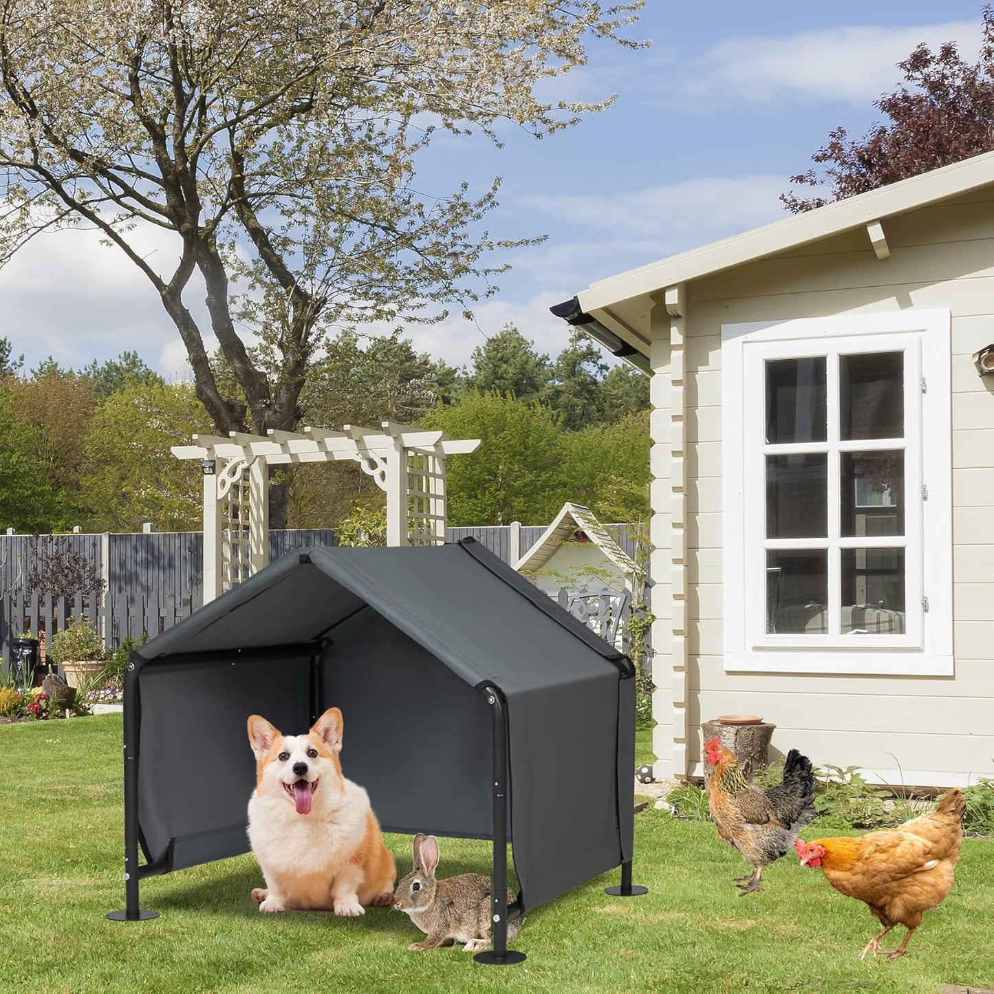 Dog Shades for Outside - Outdoor Dog Kennel for Small Dogs, 29.5”x25.6”x25.6” Outdoor Sun Rain Canopy Pet House, Waterproof Pet Canopy Shelter for Small Animals with Ground Nails