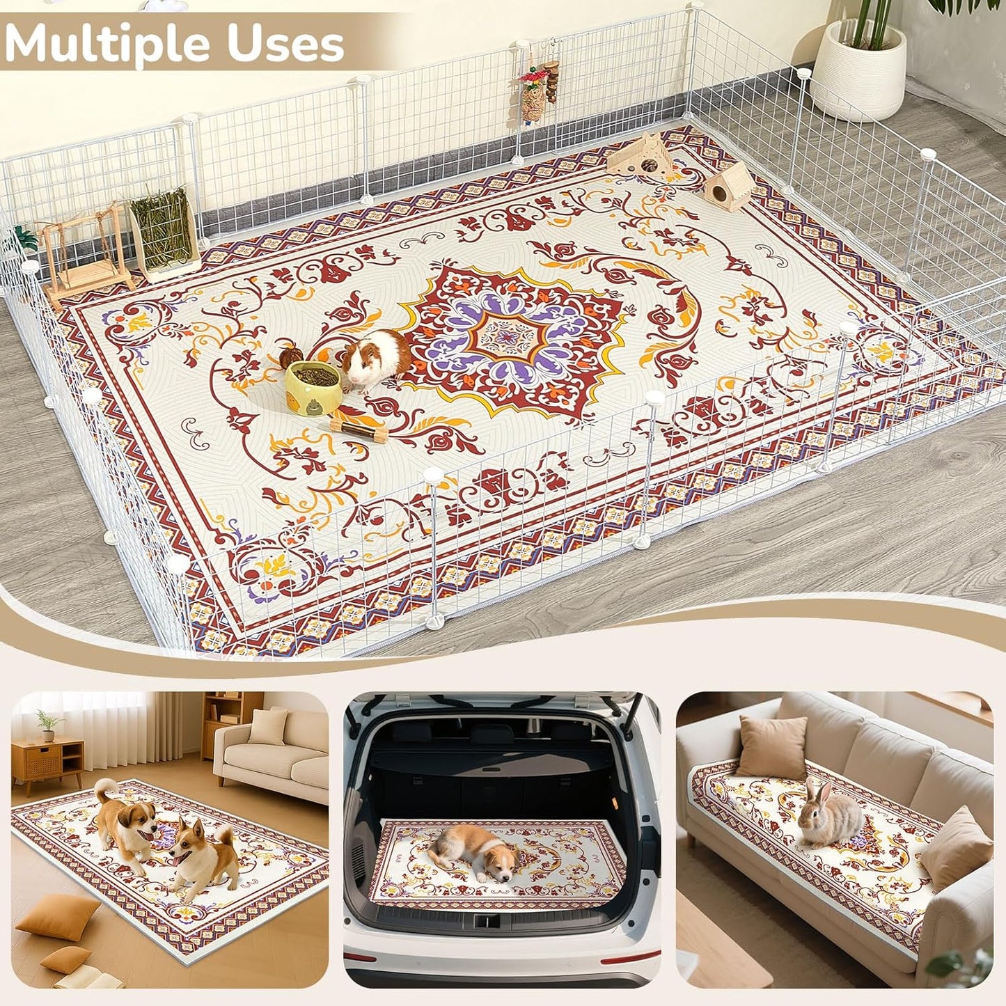 Glittme Rabbit Cage Liners 79"x 47"Reusable and Washable Bunny Mats Super Absorbent Dog Whelping Pads with Non-Slip Bottom for Small Animals