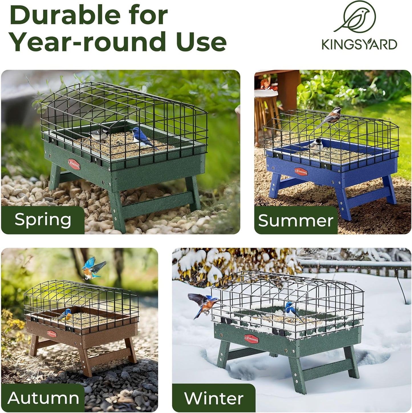 Kingsyard Squirrel Proof Ground Bird Feeder for Outdoors - Recycled Plastic Platform Feeding Station, Fly-Through Metal Caged Wild Bird Feeder for Small Birds, 5 LBS Large Capacity, Brown