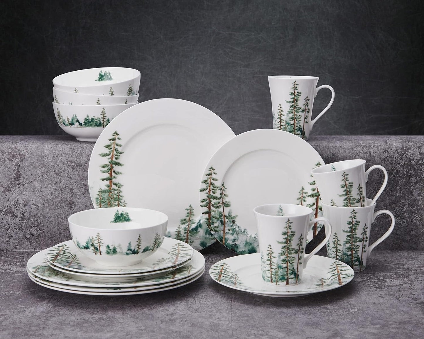 Mikasa Watercolor Forest Bone China Lightweight Chip Resistant 16 Piece Dinnerware Set, Service for 4, White