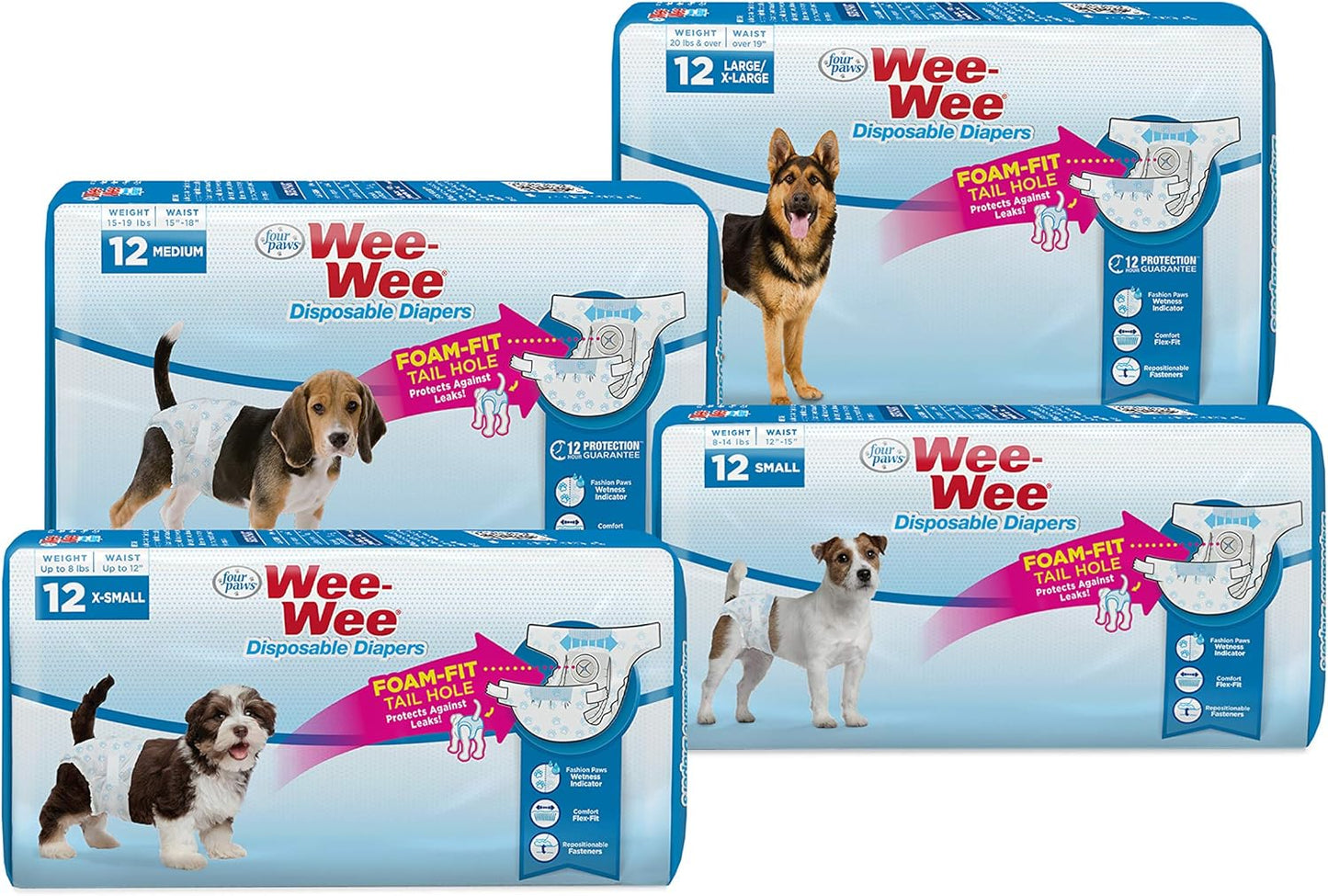Four Paws Wee-Wee Super Absorbent Disposable Adjustable Dog Potty Training Diapers, Leak-Proof Protection for Dogs, Size Small, 12" - 15" Waist, 12 Count