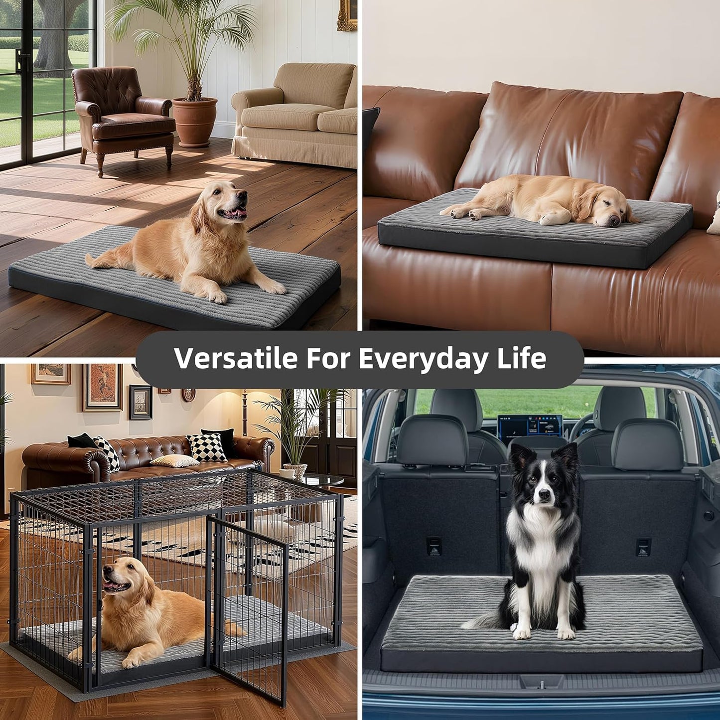 Dog Bed Large Sized Dogs, Orthopedic Flannel Pet Beds with Removable Washable Cover, Waterproof Indestructible Big Dog Bed with Anti-Slip Bottom, Egg Crate Memory Foam Pad, 35.0"x22.0"x3.0", Grey