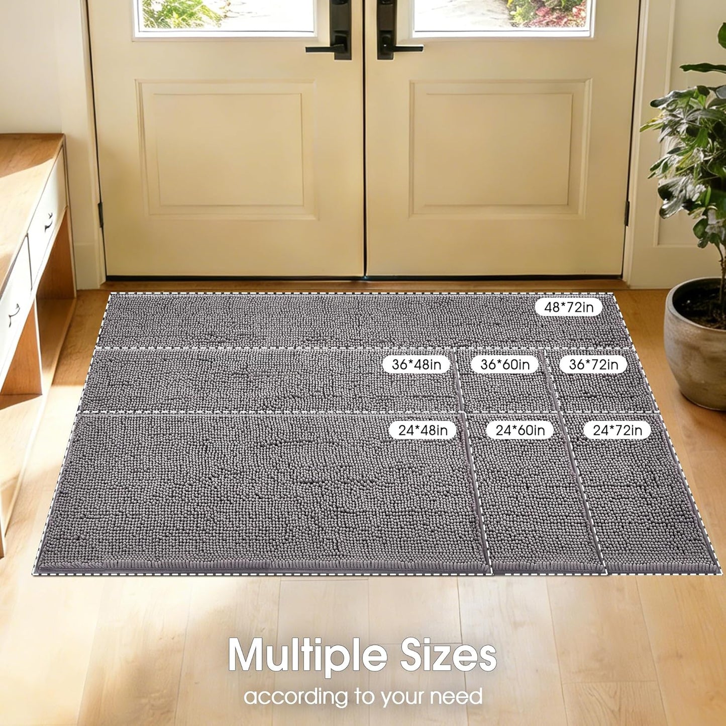 Super Absorbent Dog Door Mat for Muddy Paws, 72"x36" Dirt Trapper Non-Slip Chenille Mat for Mud Dogs, Machine Washable Quick Dry Indoor Entryway Rug, Grey