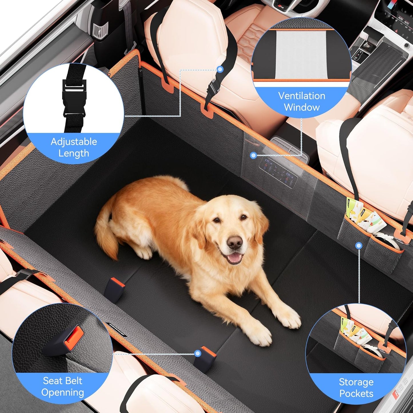 Back Seat Extender for Dogs, PU Leather Hard Bottom Dog Car Seat Cover for Back Seat,Dog Hammock for Car, PU Leather Material, Larger Space, Holds 400lbs