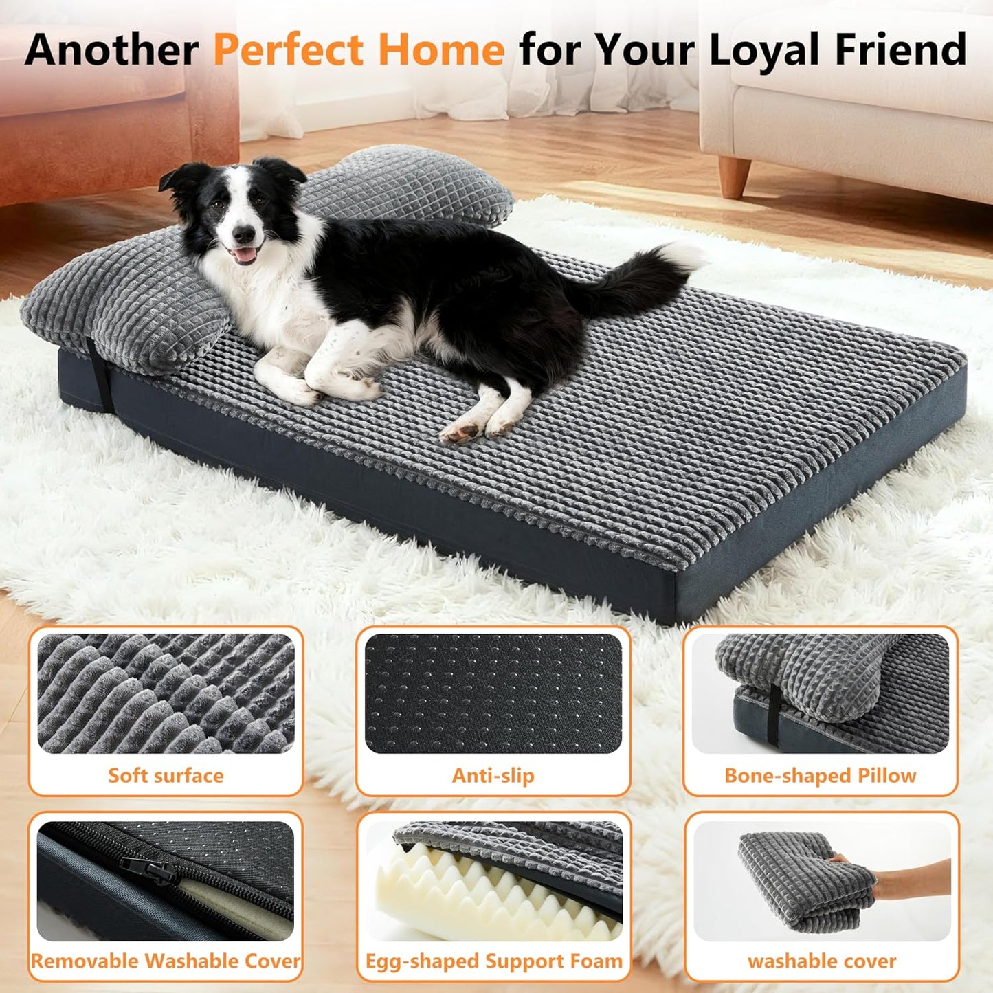 KISYYO Orthopedic XL Dog Beds for Extra Large Dogs with Removable Washable Cover and Removable Pillow for Crate,Waterproof Extra Large Dogs Mat, Grey, 41x27
