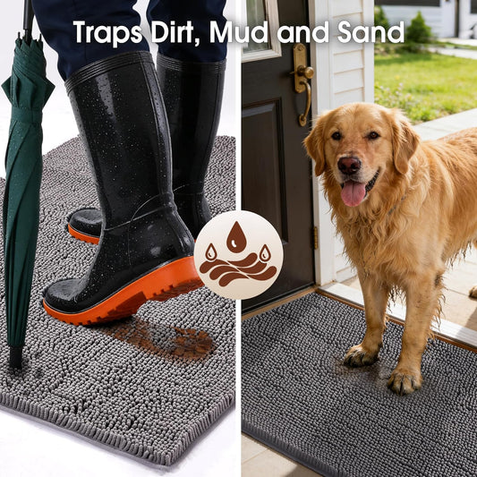 Super Absorbent Dog Door Mat for Muddy Paws, 72"x36" Dirt Trapper Non-Slip Chenille Mat for Mud Dogs, Machine Washable Quick Dry Indoor Entryway Rug, Grey