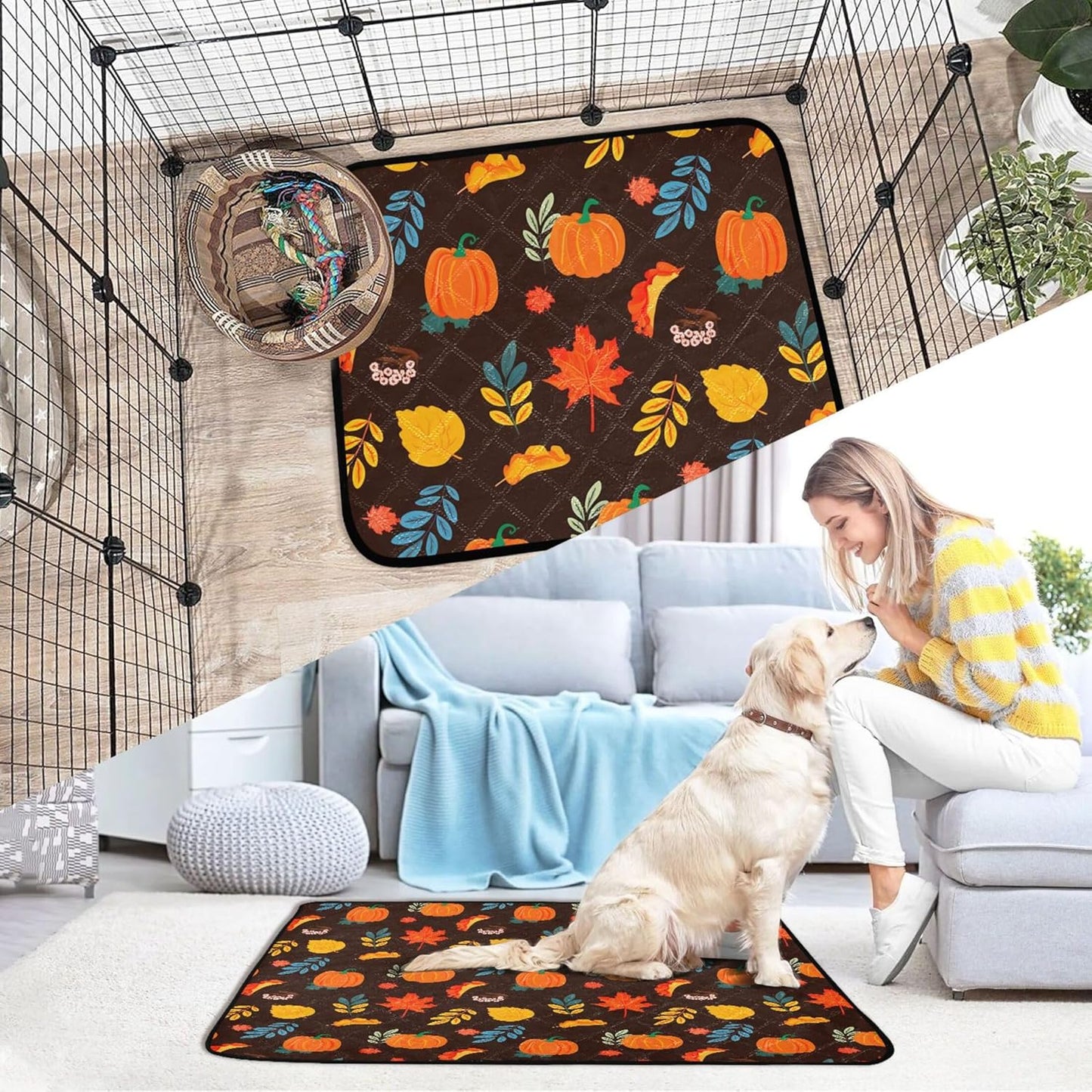 Burbuja Fall Pumpkin Washable Pee Pad for Dogs, Absorbent Leakproof Puppy Training Pad Reusable & Waterproof & Non-Slip Whelping Pad for Playpen Crate Bed Sofa, 20x24 in