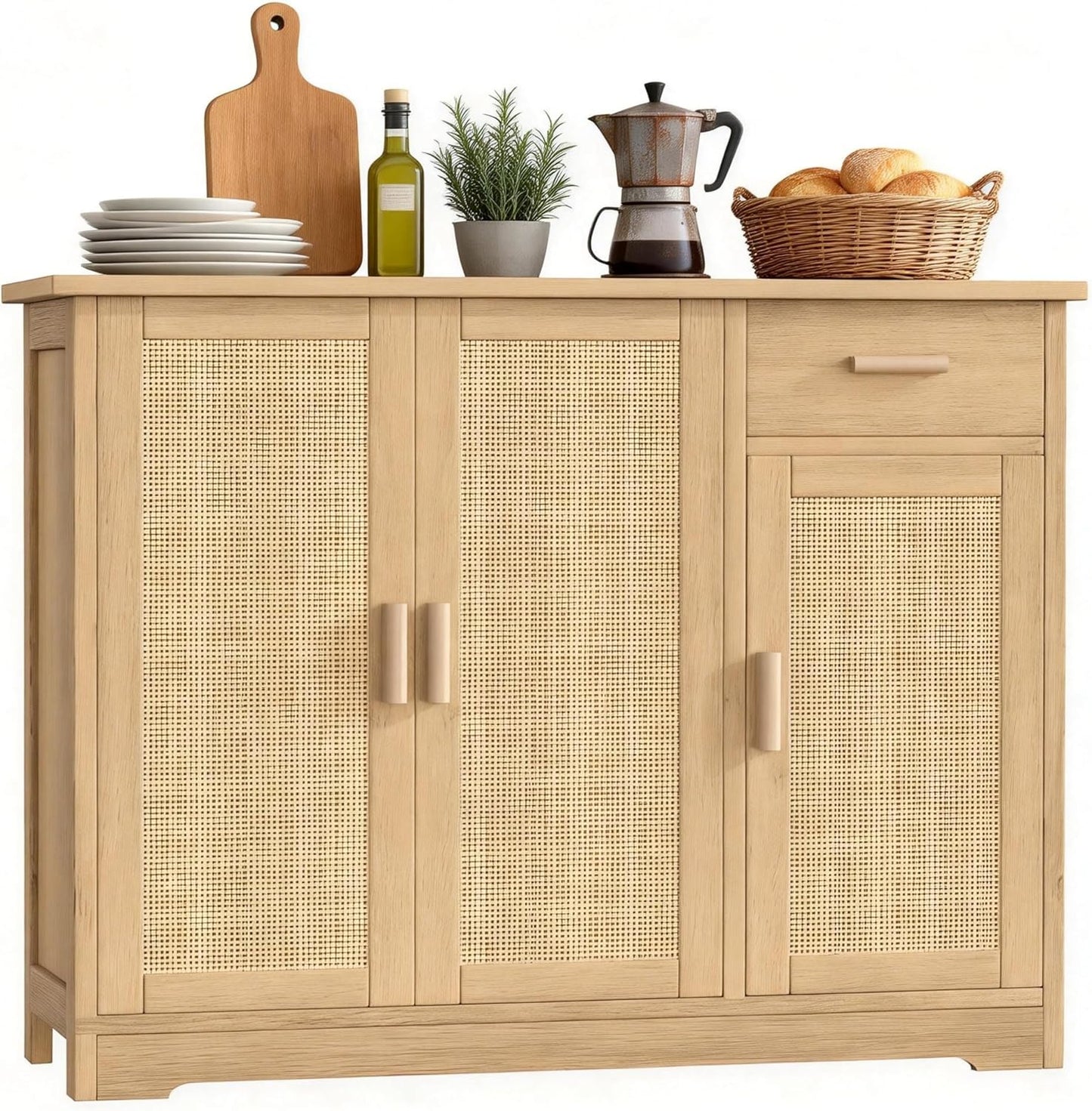 Buffet Cabinet with Storage, Rattan Storage Cabinet with 3 Doors & Drawer, Accent Kitchen Sideboard with Adjustable Shelves, Coffee Bar Cabinet for Living Room, Entryway, Natural Oak