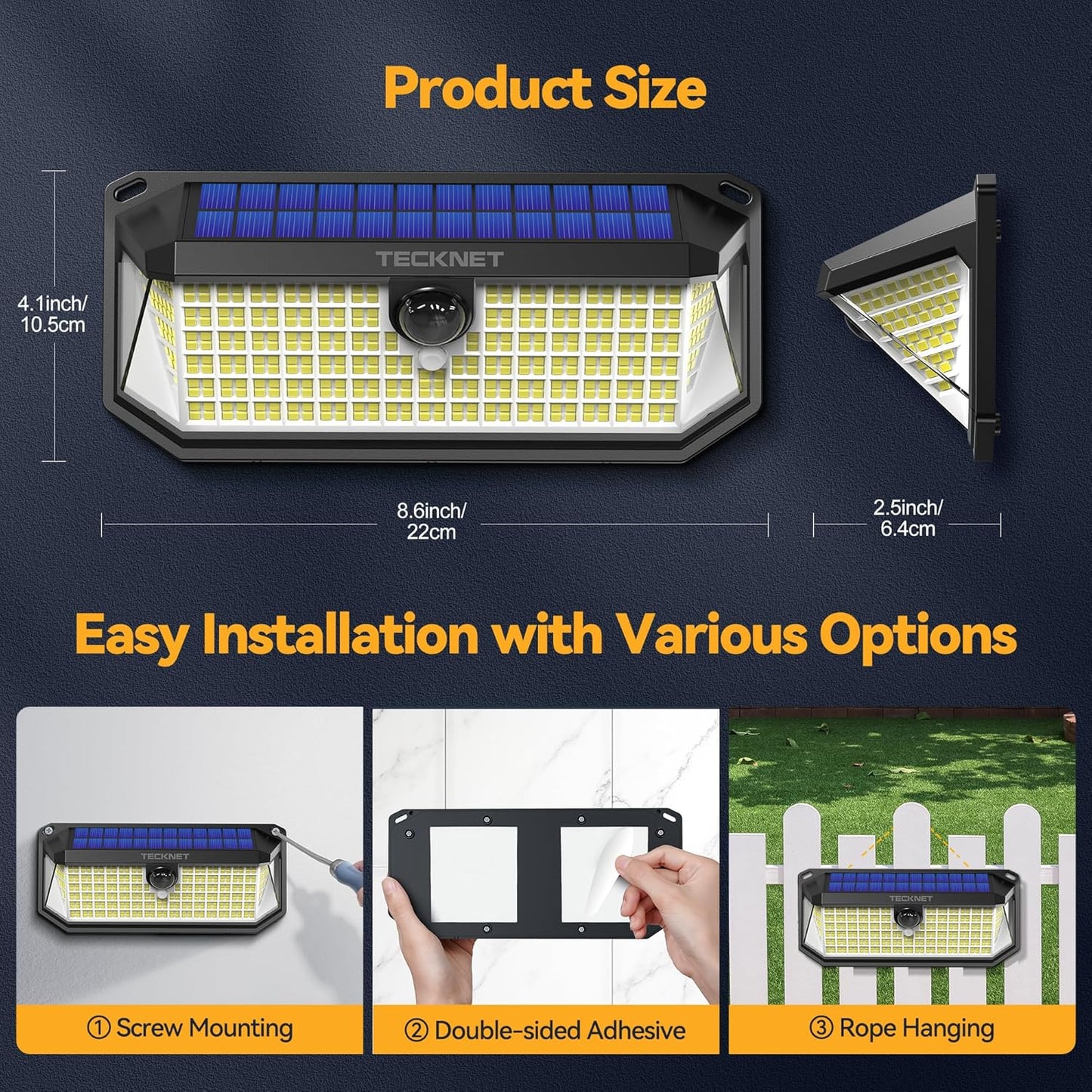 TECKNET 416 LED Solar Lights Outdoor Waterproof, 300Β° Angle & 3 Lighting Modes Motion Sensor Outdoor Lights, 2 Pack Solar Powered Flood Wall Lights IP66 for Home Patio Fence Yard Deck Garage Street