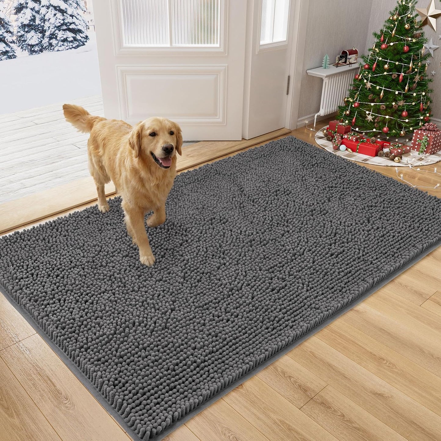 Amyracel Dirt Trapping Door Mat, 48" x 96" Large Absorbent Dog Door Mat for Muddy Paws, Quick Dry Non Slip Chenille Mud Mat for Dogs, Machine Washable Entry Indoor Entryway Rug for Inside Floor