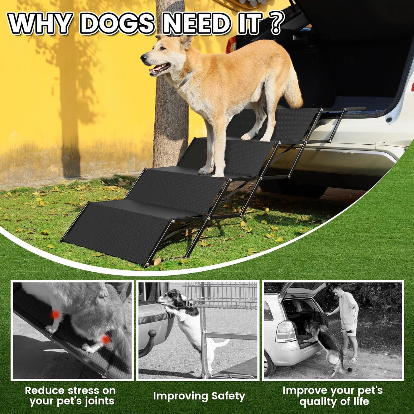 Dog ramps with 23.6" Extra-Wide - Portable 4-Dog Steps with Non-Slip Surface, 250 lbs Capacity for Large Dogs, Extra-Wide Foldable Dog Ramps for Cars, SUVs, and Trucks