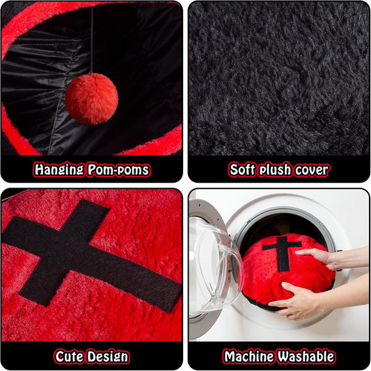 Gothic Cat Bed, Coffin Cat Tunnel House with Washable Cushion, Fits Indoor Cats up to 25 lbs, Cute Peekaboo Cave Pet Bed for Kittens, Rabbits, Halloween Goth Design, Black Red