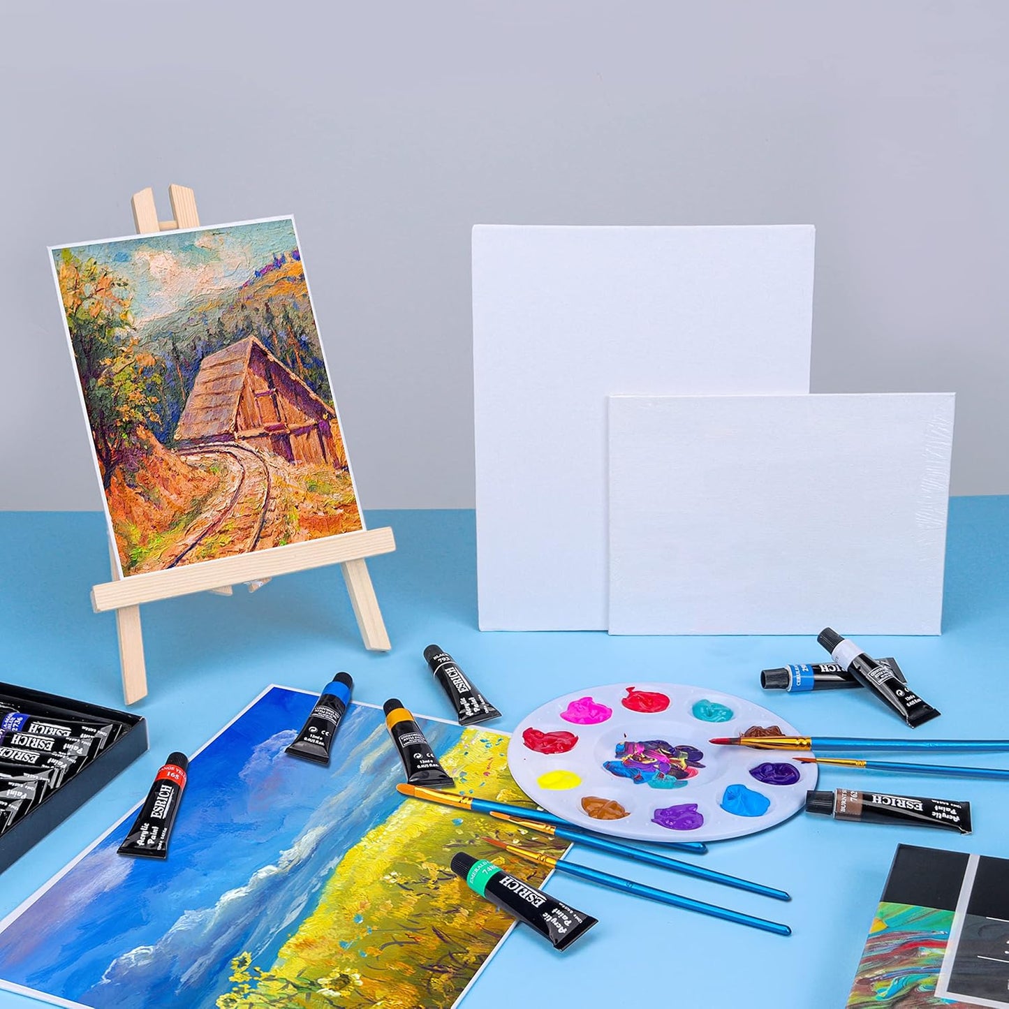 ESRICH Acrylic Paint Canvas Set, 42 Piece Professional Premium Paint Kit with 1 Wood Easel, 24Colors, 10 Brushes, 6 Canvases, Painting Supplies Kit Artists and Beginner