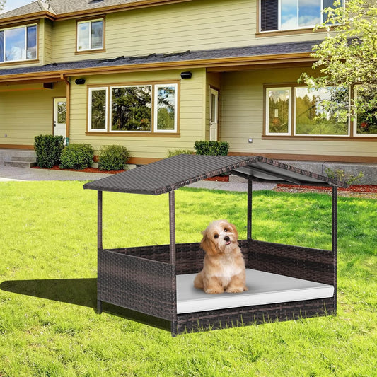 Tangkula Wicker Dog House, Indoor Outdoor Raised Rattan Dog Bed w/Removable Cushion, Washable Cover, Weatherproof Roof, Rattan Puppy Shelter w/Elevated Floor for Small Medium Dogs (White)