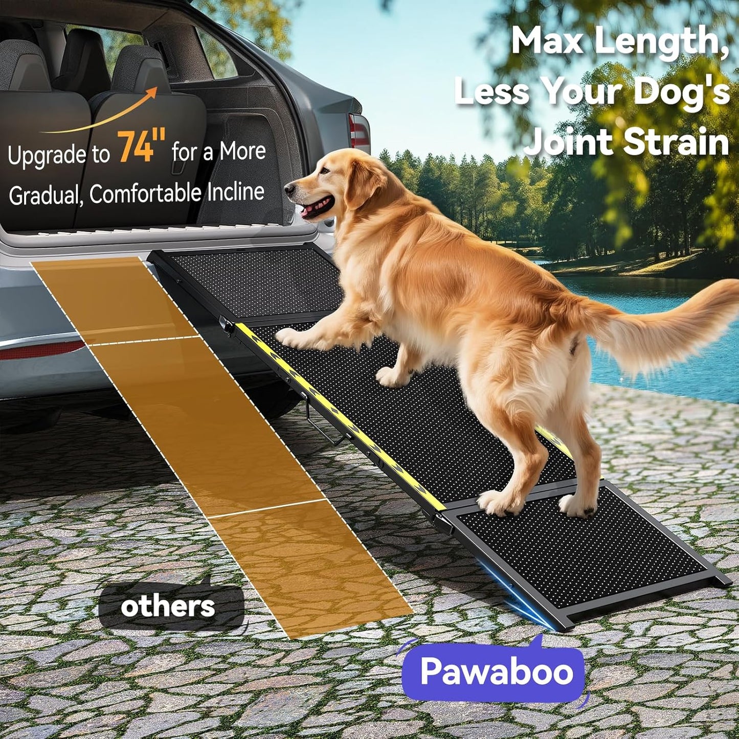 74'' L & 20'' W Longest Dog Ramp for Car - Extra Wide Portable Pet Dog Ramps for Large Dogs, Dogs Cars Ramp for Car SUV/Truck/RV/Bed, Lightweight Ramps with Non-Slip Mesh Up to 250LBS, Black