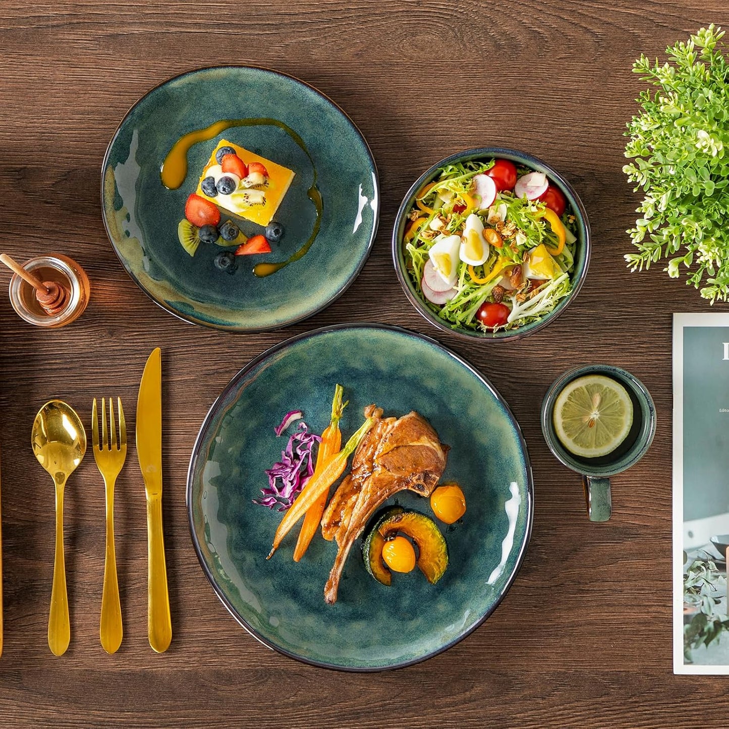 vancasso Ceramic Dinnerware Sets for 4, 16 Pieces Handmade Reactive Glaze Dishes Set, Elegant Stoneware Plates and Bowls Sets with Mugs, Dishwasher and Microwave Safe, Starry Green