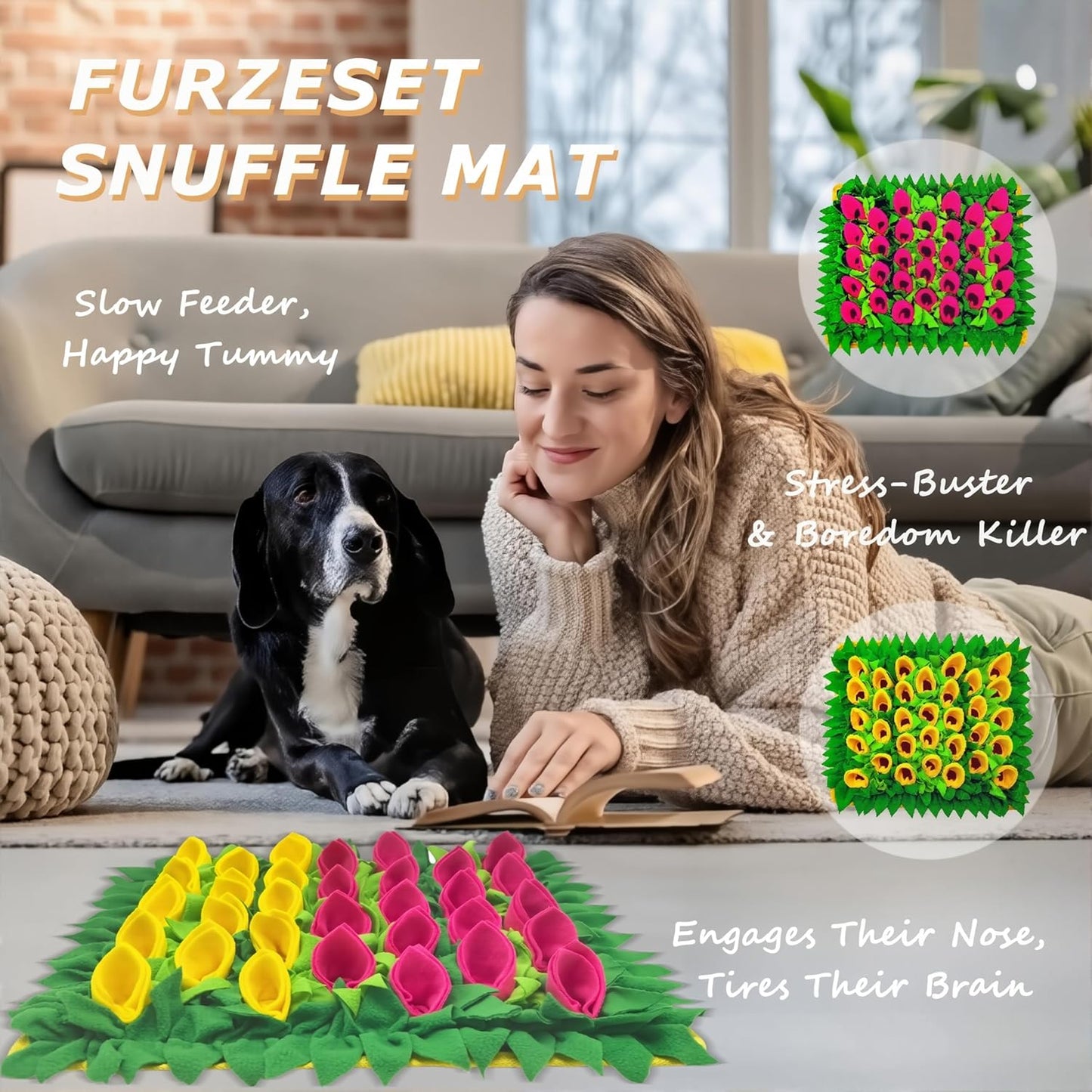 Snuffle Mat for Dogs, Cats, Rabbits, Guinea Pigs, Durable Washable Pet Feeding Mat, Flower & Grass Slow Feeder, Nose Work Training Pad, Anxiety Relief & Mental Stimulation(S, Yellow)