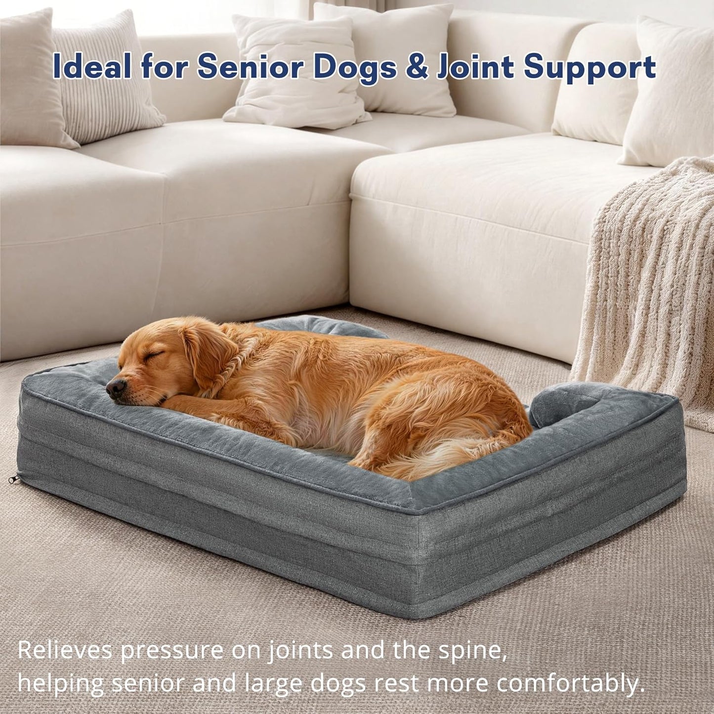 Orthopedic Dog Bed Medium Size Dogs, Waterproof Memory Foam Sofa Pet Beds with Sides,Cozy Egg-Crate Foam with Extra Head and Neck Support, Washable Cover & Nonslip Bottom,Grey