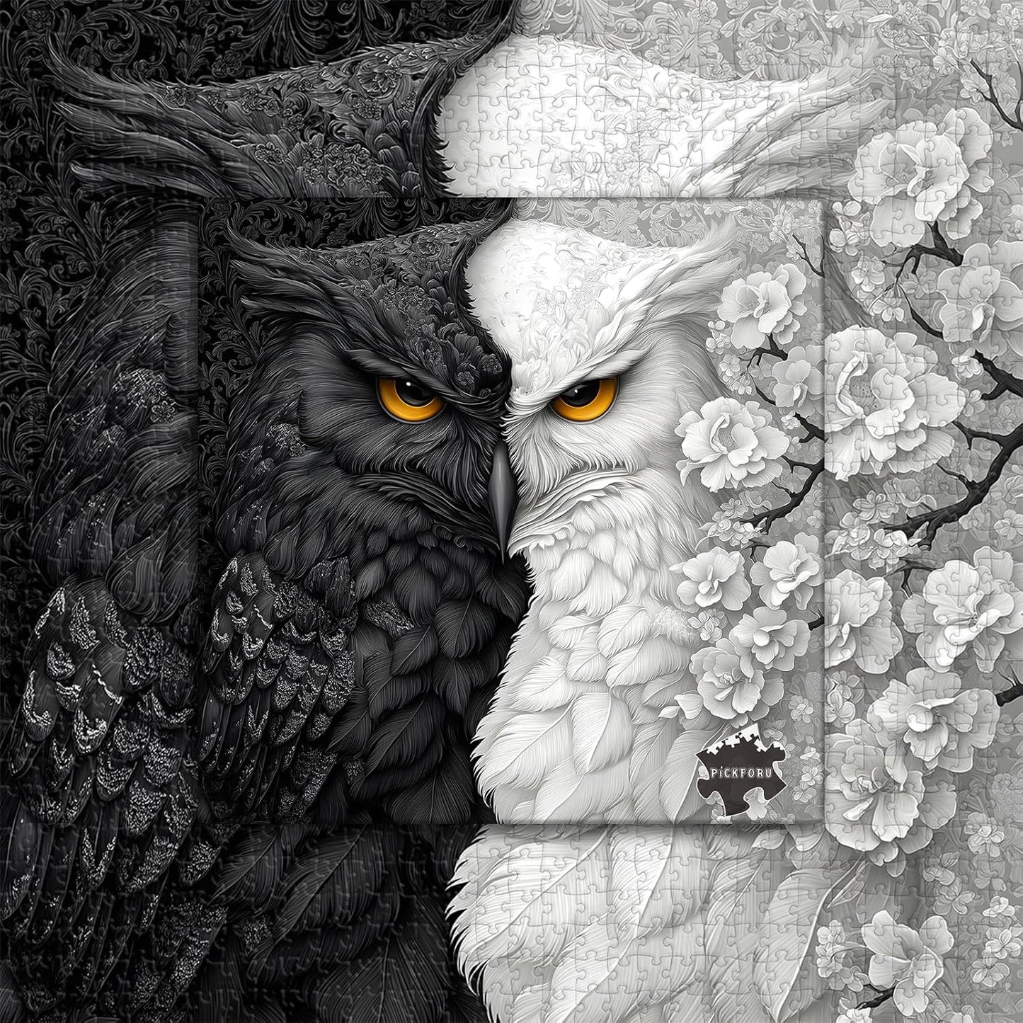 Yin Yang Owl Puzzle for Adults 1000 Pieces,Black and White Puzzles Owl Flowers, Impossible Difficult Hard Bird Jigsaw Puzzle, Animal Floral Art Challenge Puzzle Aesthetic