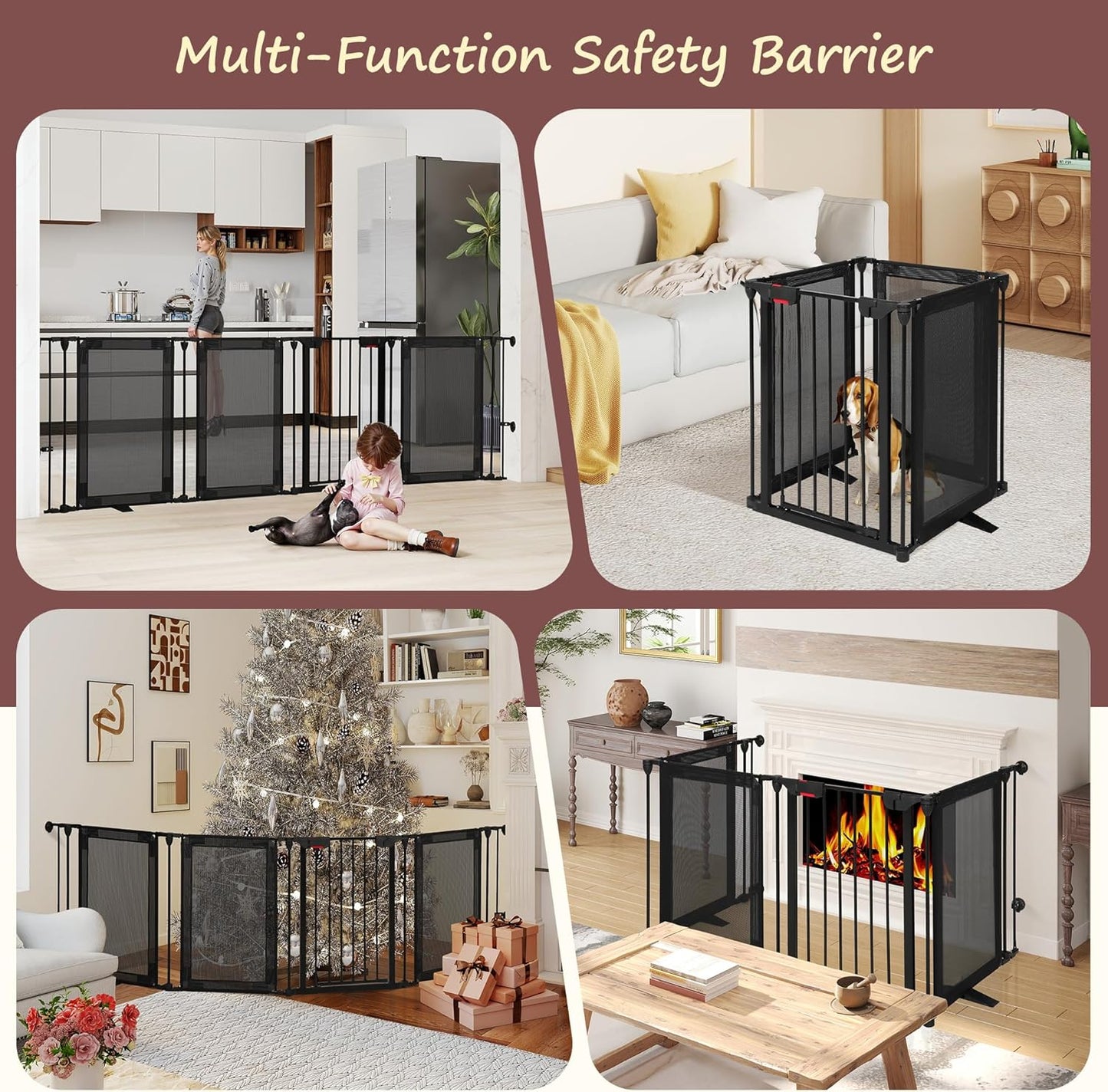 Freestanding Dog Gate, 100" Extra Wide Pet Gate with Auto-Close Door, Foldable Grip-Resistant Dog Fence for Indoor/Outdoor, 29" Tall Pet Barrier for Stairs/Doorways/Fireplace (4 Panels, Black)