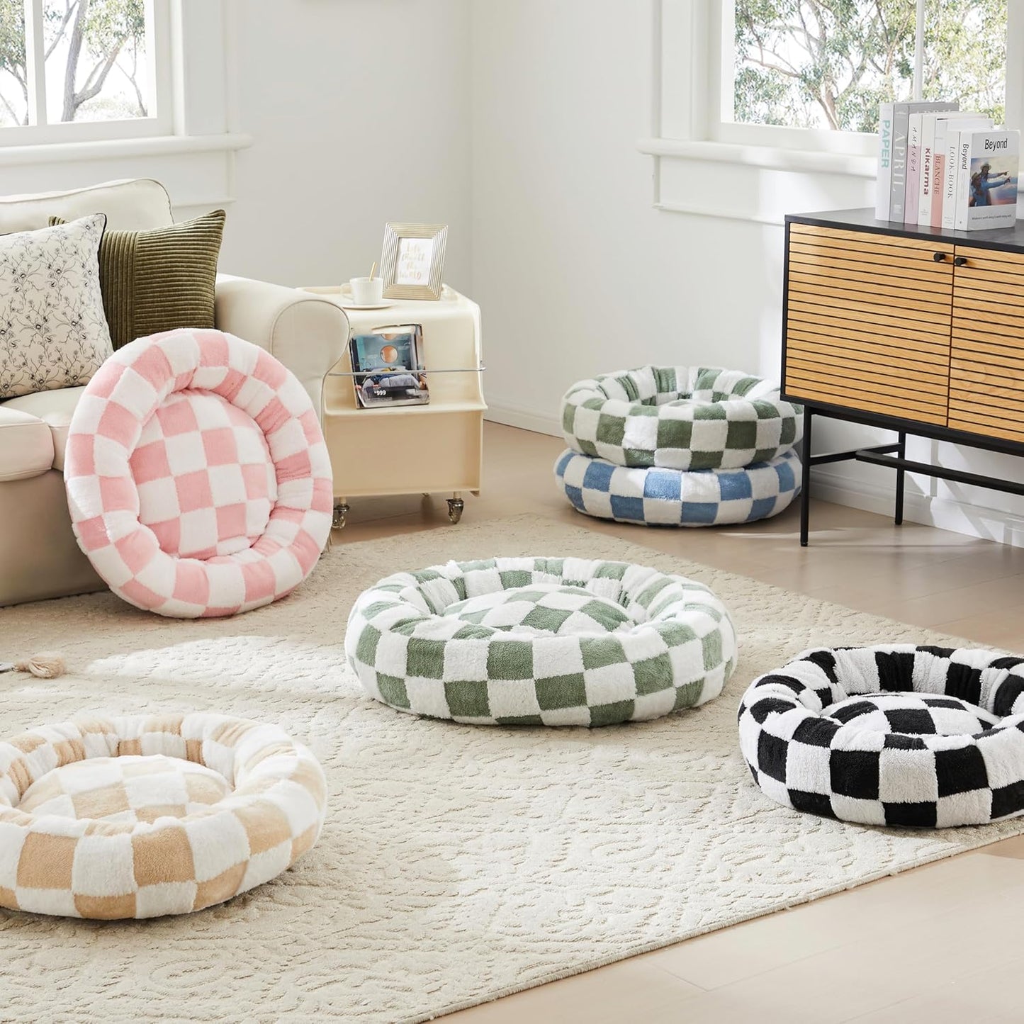 Checkered Cat Dog Bed, Cute Beige Khaki Retro Style Aesthetic Round Warming Pet Calming Beds for Small Dog and Cats, Plush Cozy Donut Beds Washable, 23" L x 23" W x 8" Th
