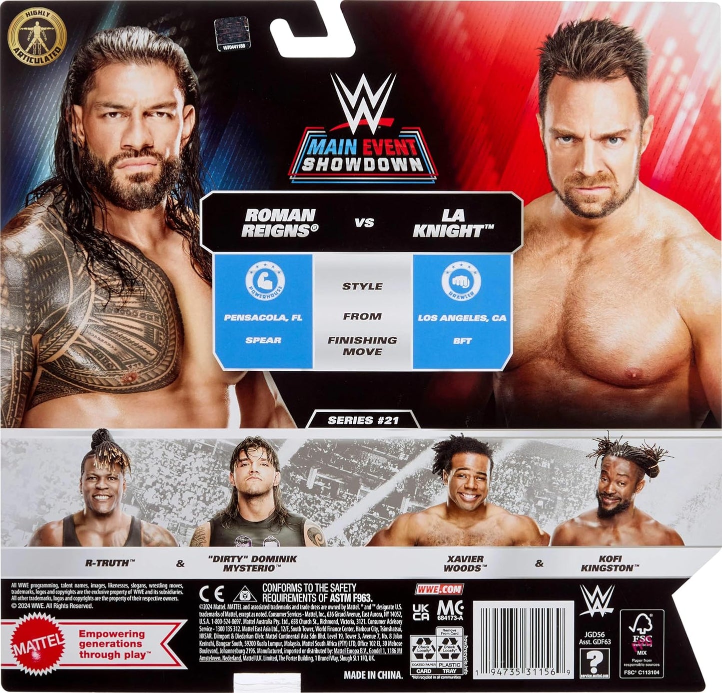 Mattel WWE Main Event Showdown Action Figures 2-Pack with Accessory, Series #21 Roman Reigns vs LA Knight Collectible Set, 6-inch