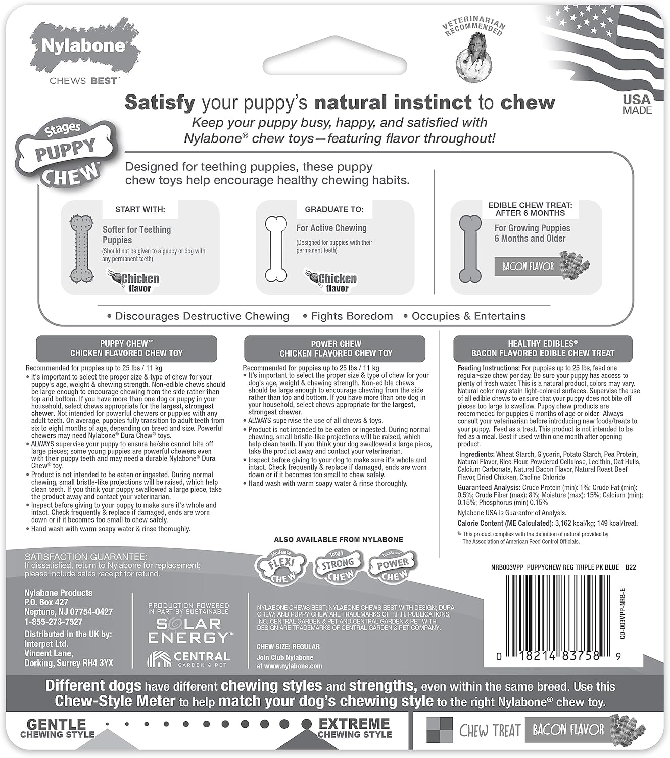 Nylabone New Puppy Starter Kit, Chew Toys & Natural Chew Treat for Puppies, Puppy Enrichment Teething Toys, Blue, Long Lasting Chicken & Bacon Flavor, Small Dogs - Up to 25 Ibs, 3 Pack