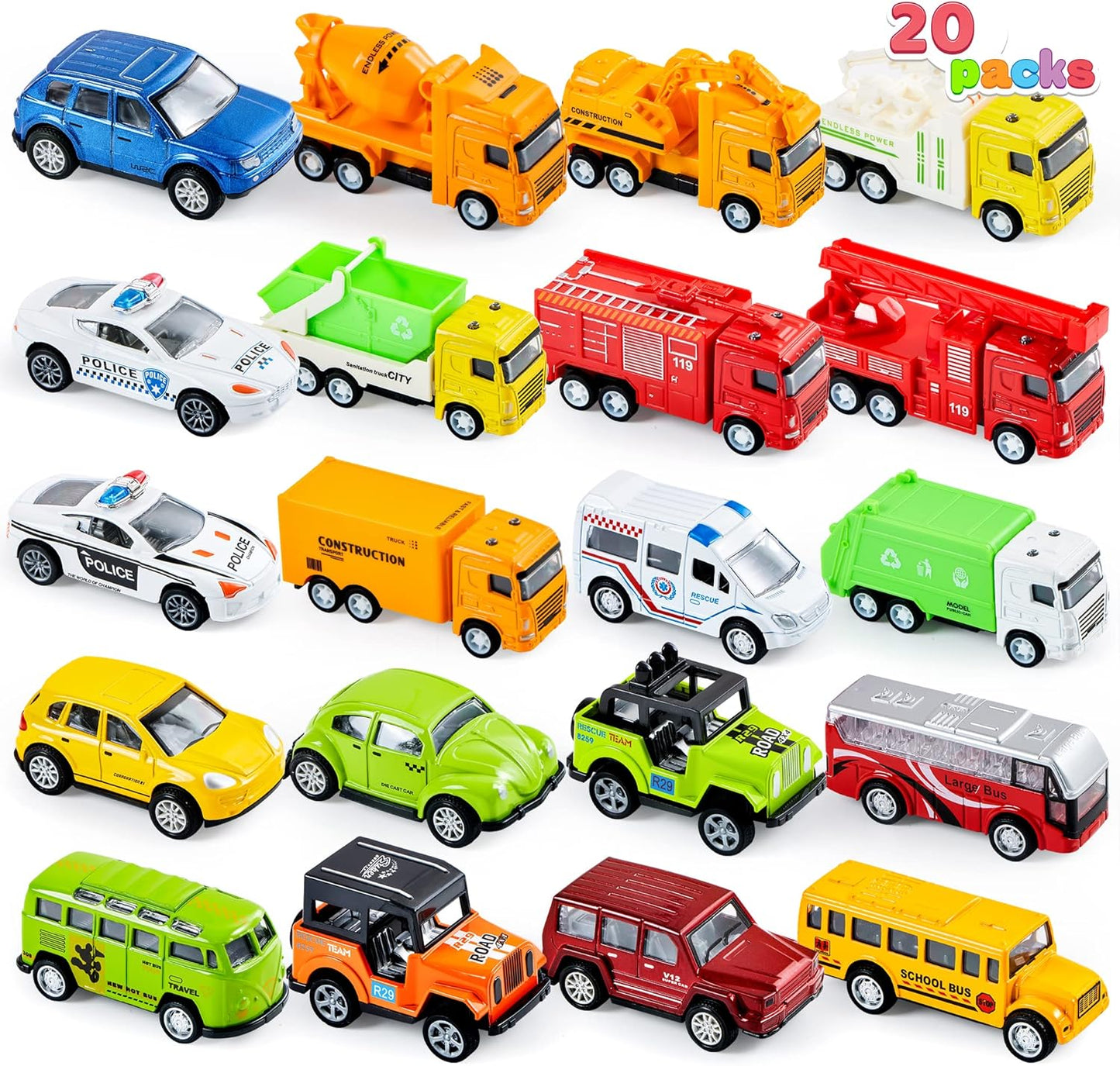 JOYIN 20PCS Die Cast Pull Back Cars, Metal Toy Cars, Car Toys Bulk, Vehicle Set for Toddlers, Kids Party Favors, Cake Toppers, Stocking Stuffers, Race Cars Toys for Boys, Easter Basket
