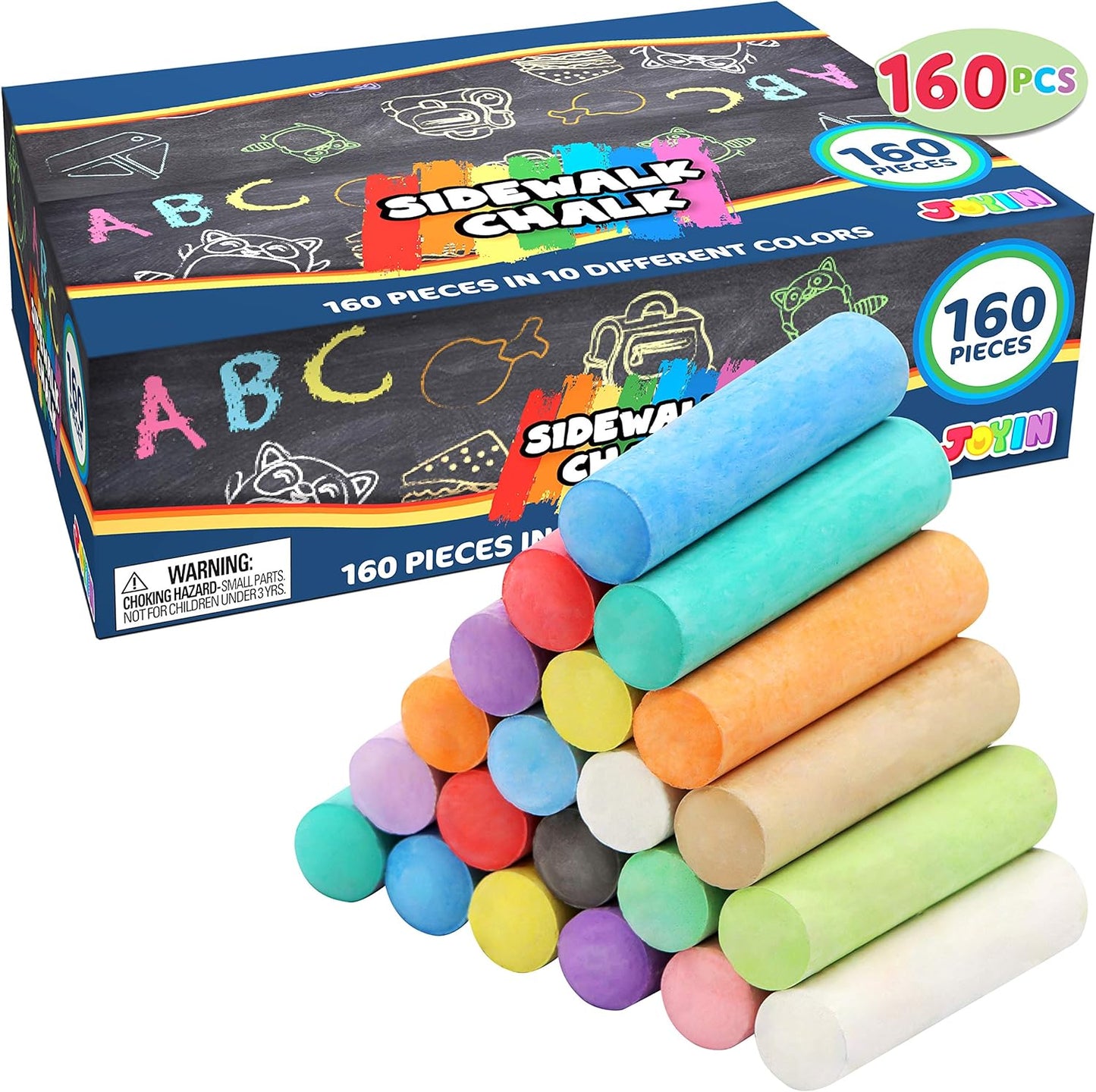 JOYIN 160 PCS Sidewalk Chalks Set-16 Colors Non-Toxic Washable Jumbo Chalk for Outdoor Art Play, Painting on Chalkboard, Blackboard and Playground