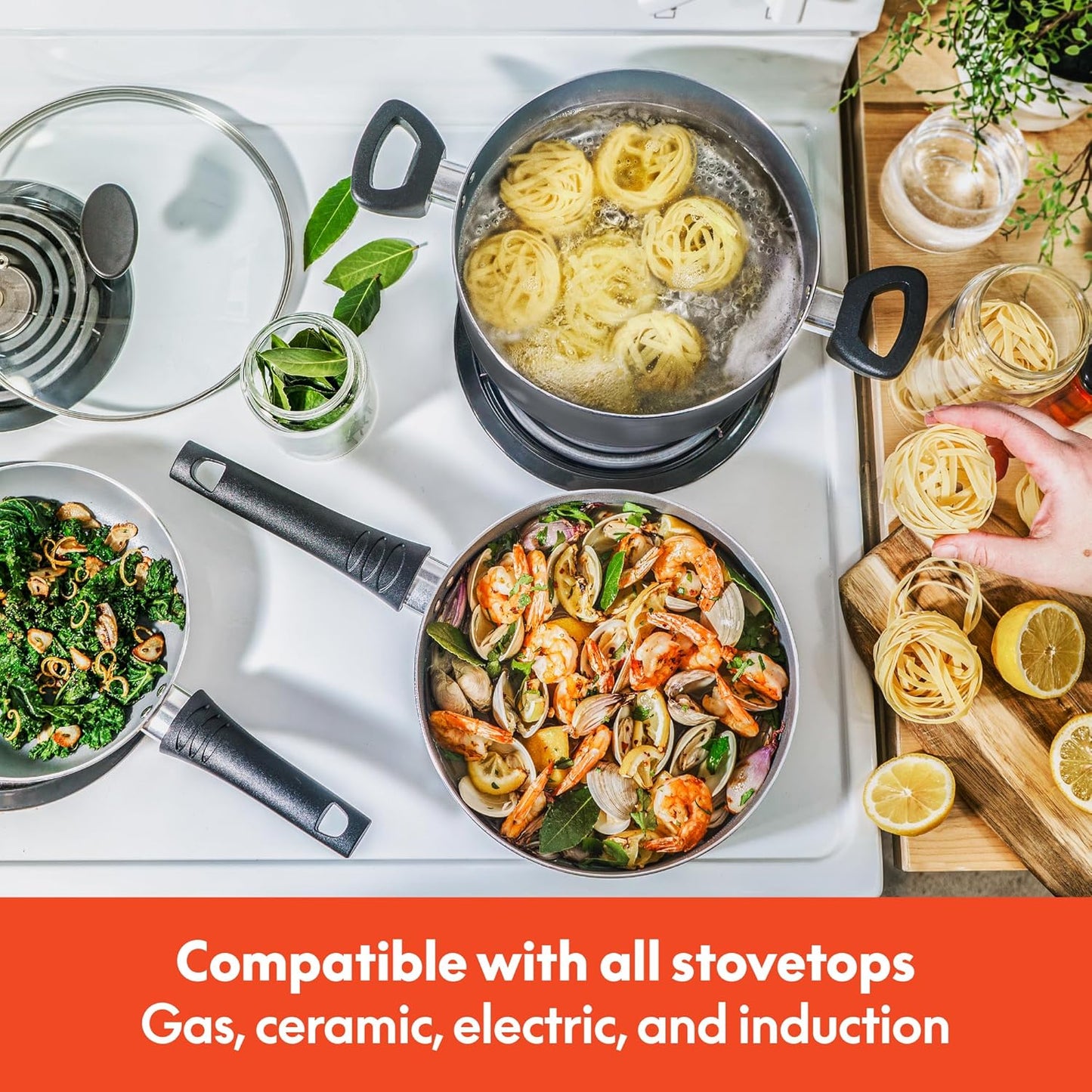 bella Cookware Set with Glass Lids with Nonstick, PFOA Free and Scratch Resistant Surface, Aluminum Bakeware, Pots and Pans, Storage Bowls & Utensils, Compatible with All Stovetops, 21 Piece, Gray