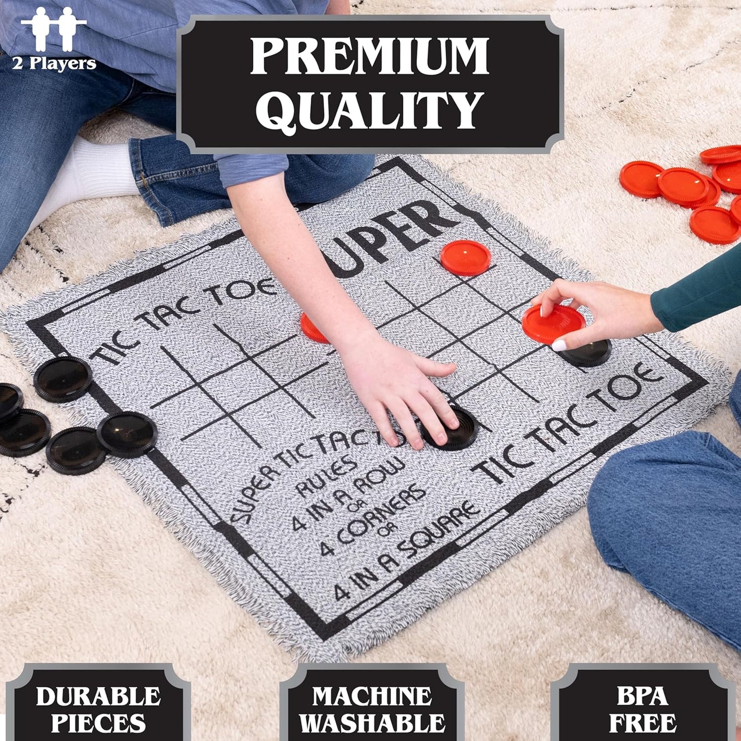 3-in-1 Vintage Giant Checkers Set, Tic Tac Toe with Reversible Mat, 24 Jumbo Chips, Family Board Game, Lawn Game, BBQ Party Favor, Indoor and Outdoor Activity for Kids and Adults