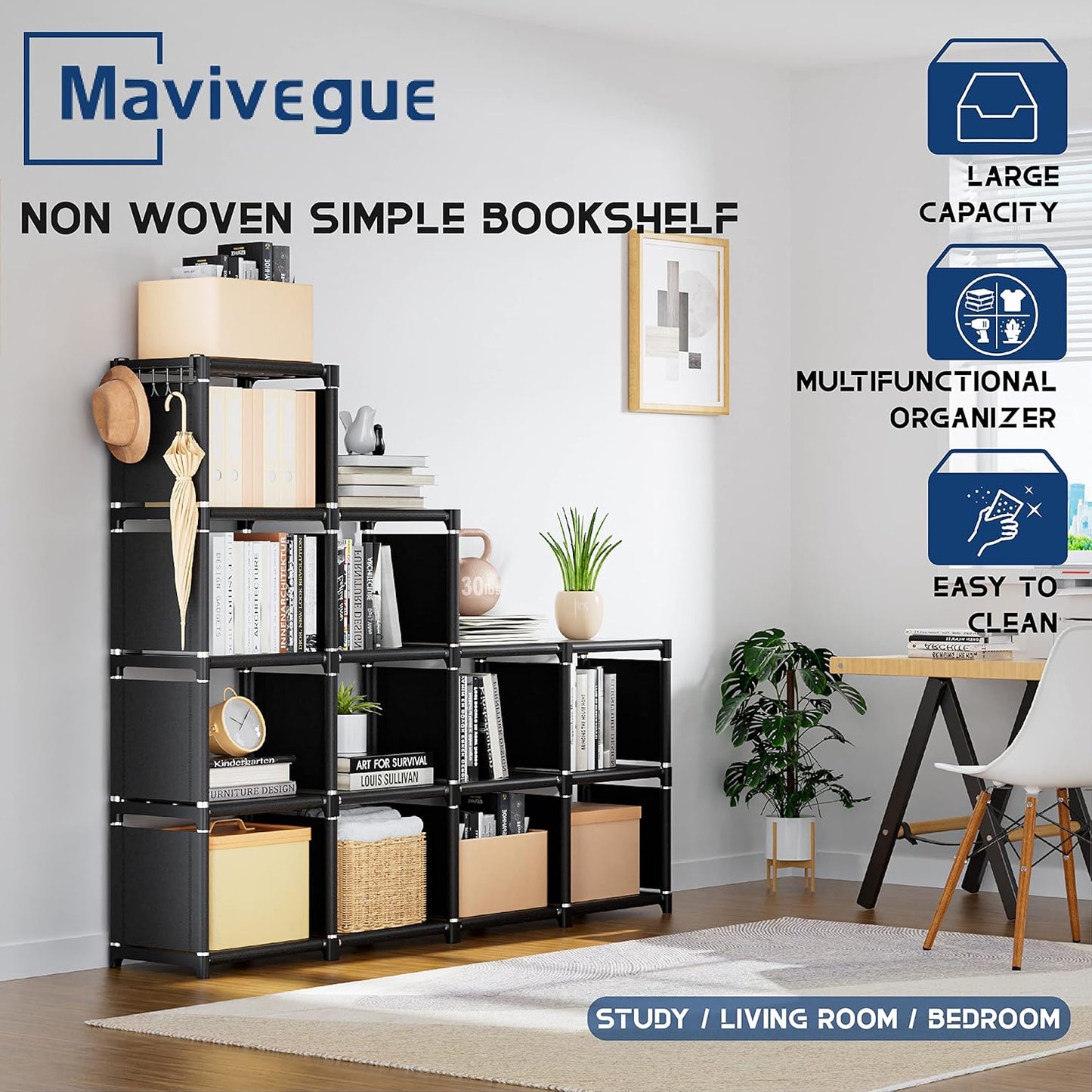 Mavivegue Book Shelf, 12 Cube Storage Organizer, DIY Bookcase, Metal Bookshelf,Tall Book case for Bedroom, Living Room,Office,Closet, Black Cubicle Rack