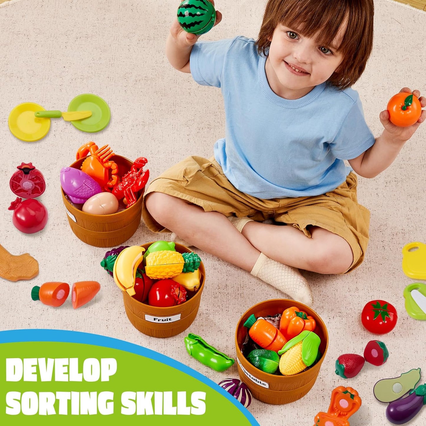 JOYIN Learning Toys Play Food Set for Toddlers, Cutting Food for Preschool Activities, Play Kitchen Accessories, Educational Toys, Color Sorting Set for Boys & Girls, Easter Basket Stuffers