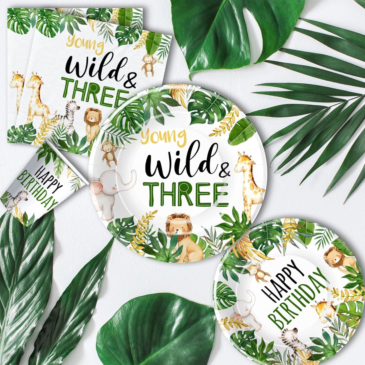 Jungle Animal 3rd Birthday Party Supplies - Young Wild And Three Decorations Tableware, Paper Plate, Napkin, Tablecloth, Fork, Safari 3-Year-Old Birthday Decorations Dinnerware | Serves 24