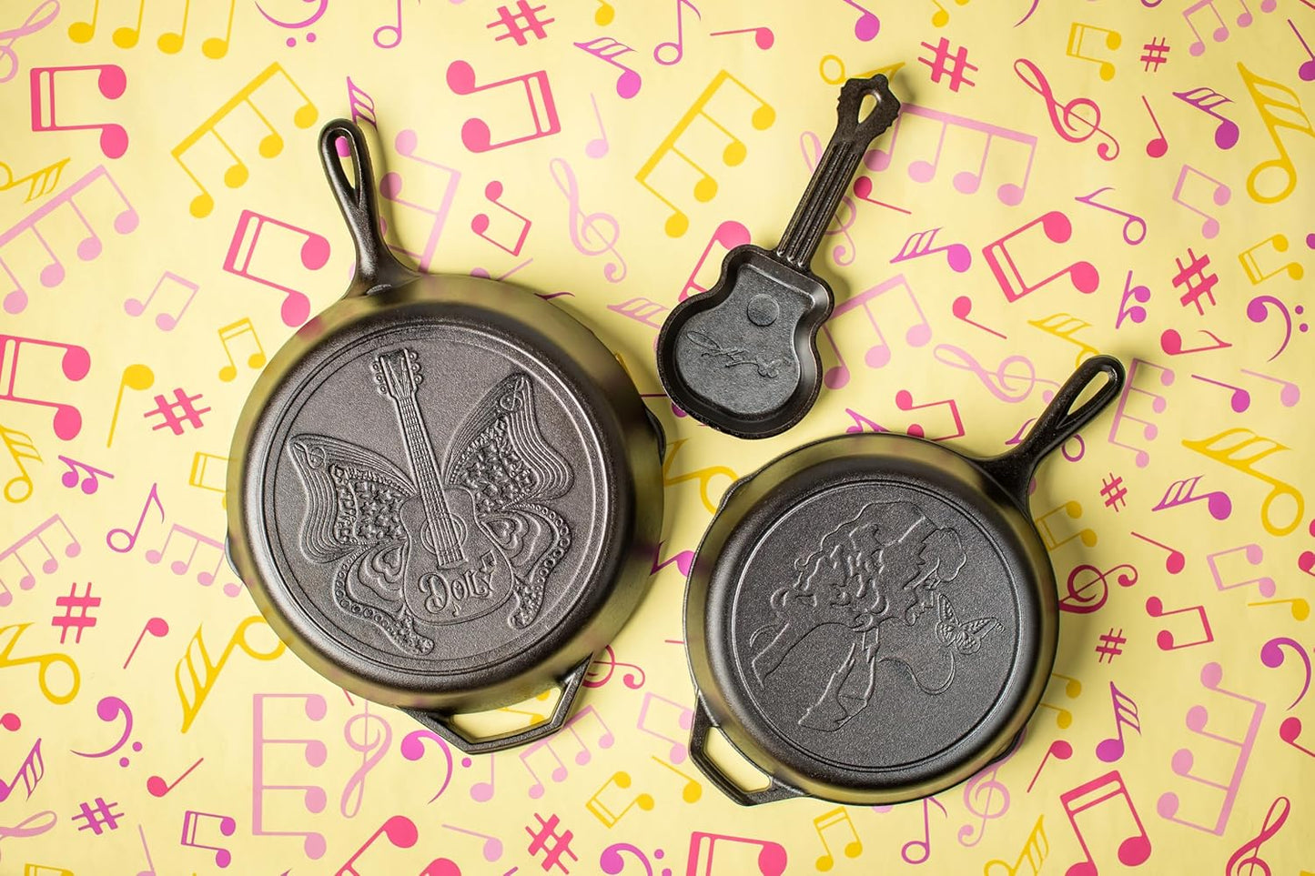 Lodge 10.25 Inch Dolly Parton Pre-Seasoned Cast Iron Stamped Skillet - Signature Teardrop Handle - Use in the Oven, on the Stove, on the Grill, or Over a Campfire, Black