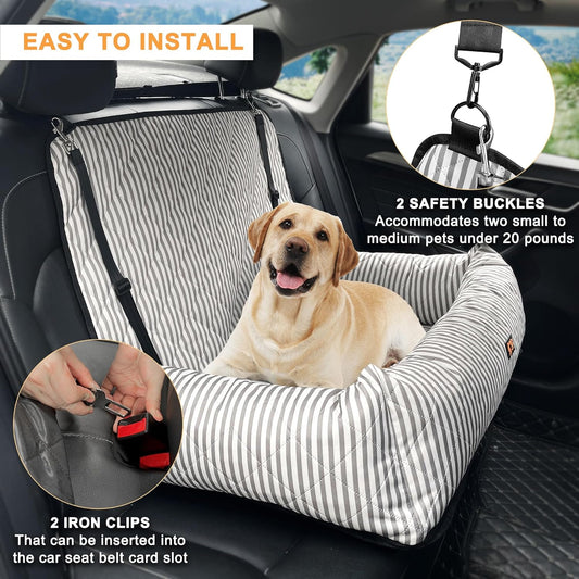 Dog Car Seat for Small/Medium Dogs, 2-in-1 Booster Seat & Pet Sofa Bed, Removable Washable Portable Car Travel Bed (Stripes-L-Grey)