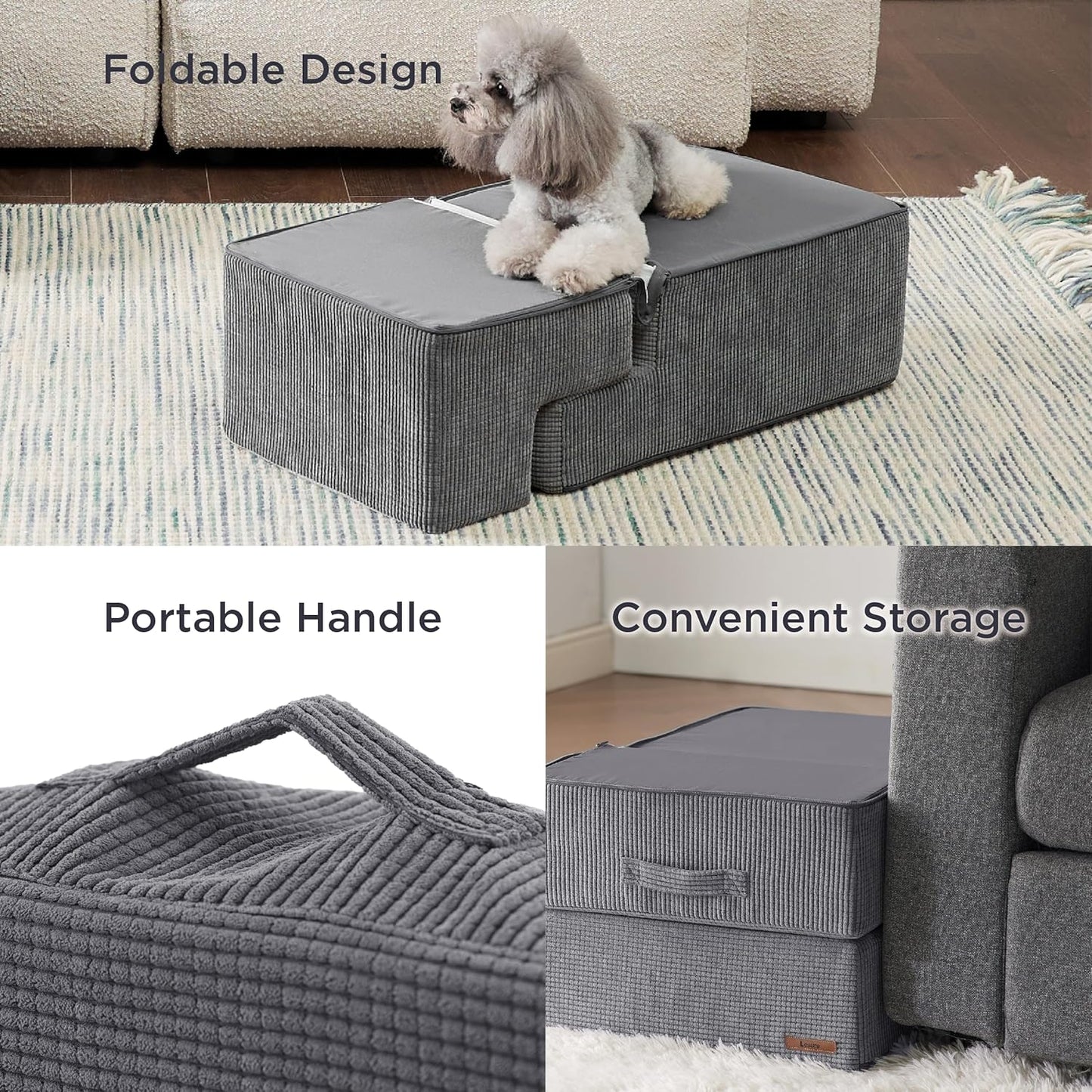 LE SURE Dog Stairs for High Beds Extra Wide Foldable Pet Steps 4-Steps for Small Dogs and Old Cats with CertiPUR-US Certified Foam and Non-Slip Bottom, Grey
