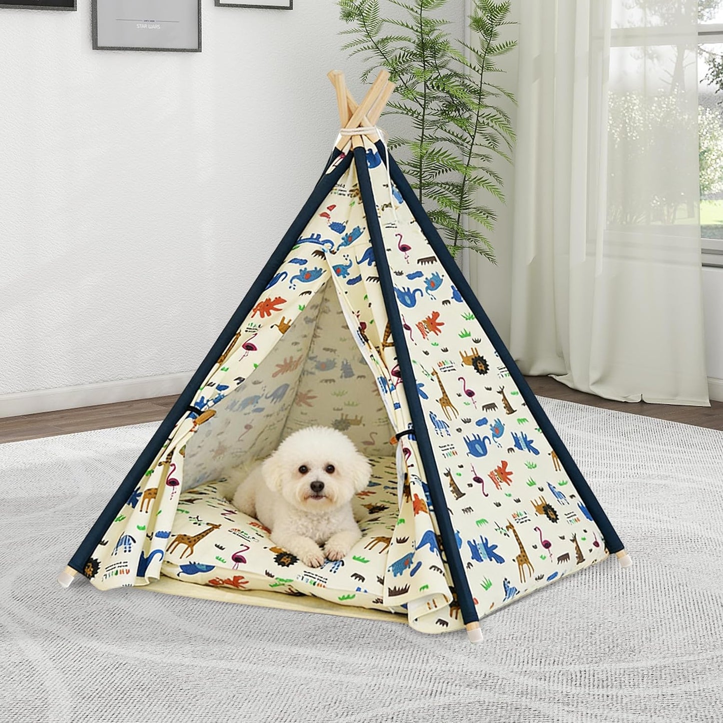 Pet Tent/Tipi for Cats & Dogs - Washable Canvas, Foldable Pet Teepee with Anti-Slip Base & Detachable Cushion | Indoor/Outdoor Safe Shelter for Pets-Zoo-L