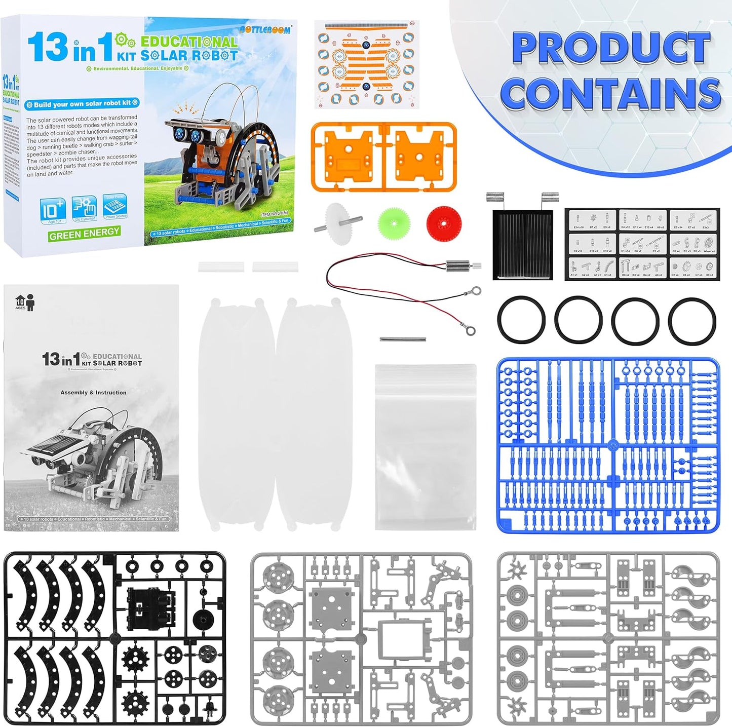 Bottleboom STEM 13-in-1 Education Solar Power Robots Toys for Boys Age 8-12, Educational Toy Science Kits for Kids Experiment Robotics Set Birthday Gifts for 8 9 10 11 12 Years Old