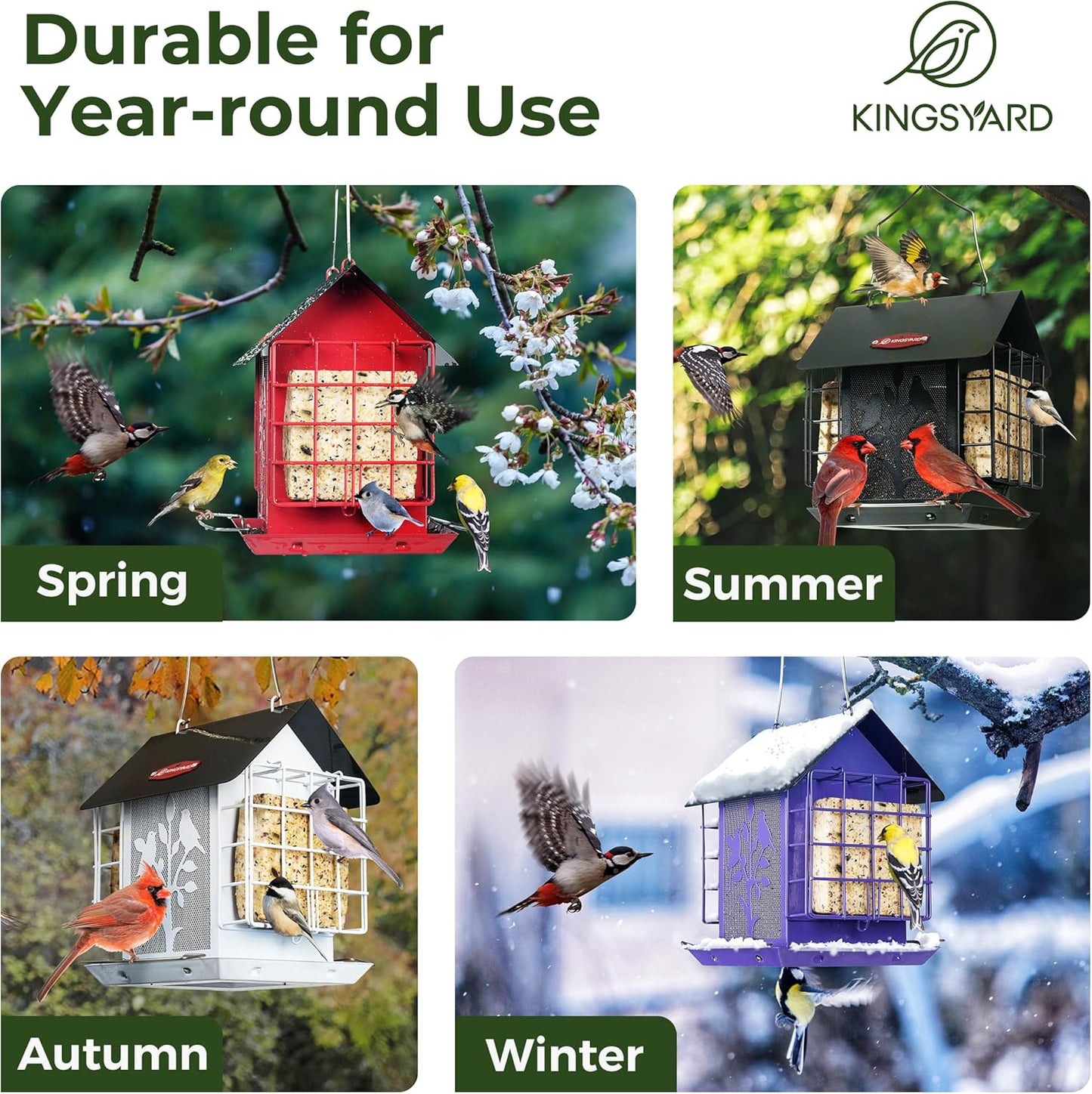 Kingsyard Metal Bird Feeder for Outdoor Hanging, Wild Bird Feeder with Double Suet Cage, Weatherproof Roof and 3 lbs Large Seed Capacity, Red