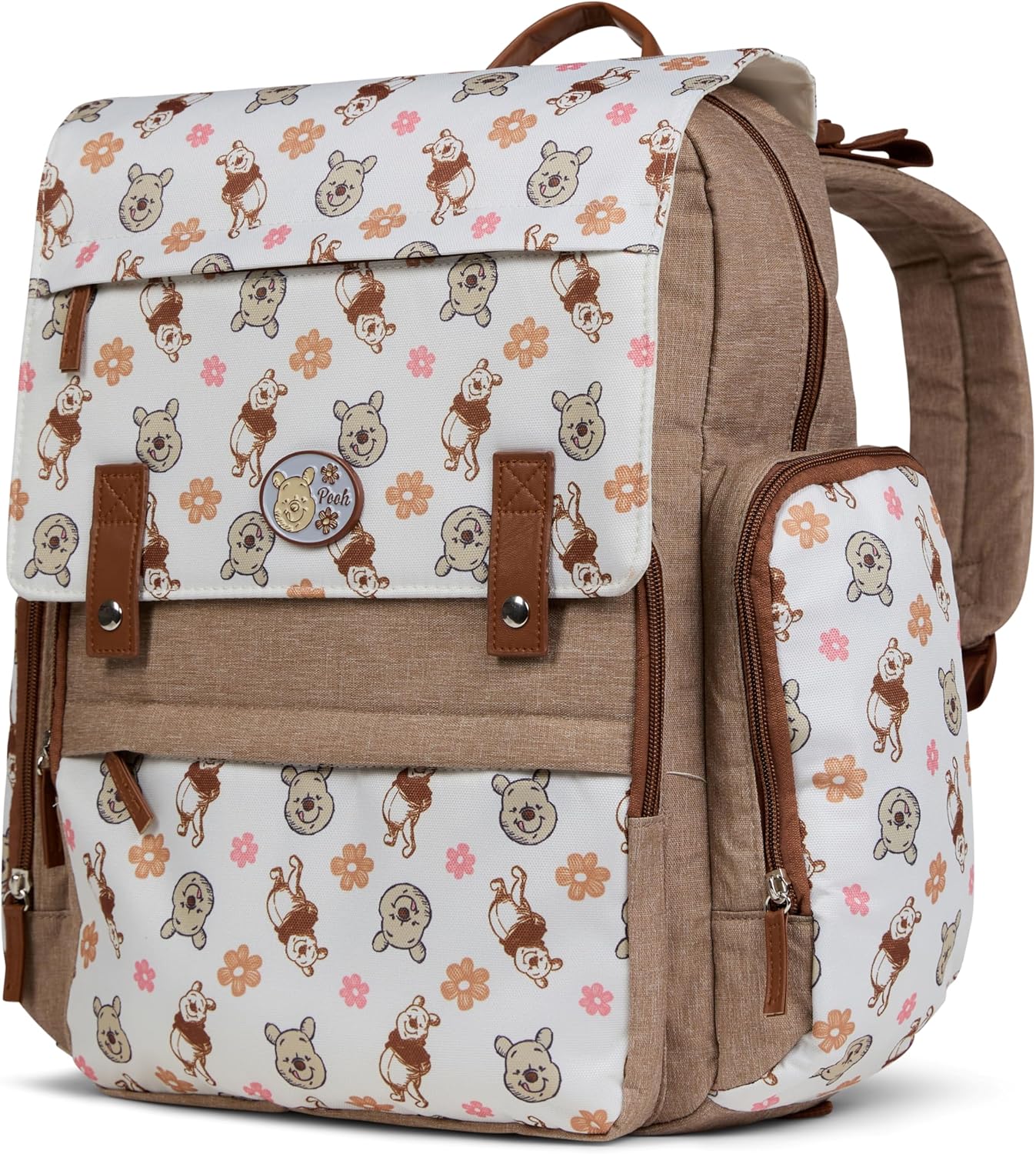 Disney Diaper Bag Backpack with Changing Pad Winnie the Pooh – 16” Nylon Baby Bag for Parents, Insulated Bottle Holders, Multiple Storage Pockets