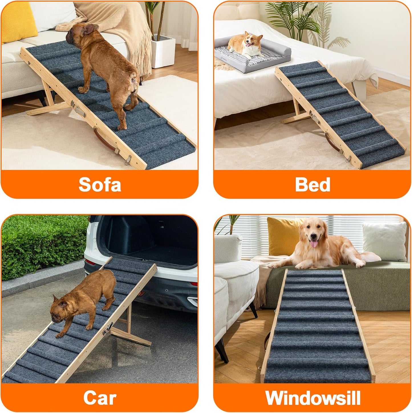 Clikuutory 2025 Upgraded Dog Ramp for Couch, 47.2" Foldable Small Dog Ramp for Bed, 4 Adjustable Height from 14" to 26", Portable Stable Pet Steps with Anti-Slip Carpet for Low Bed Couch Stairs, Wood