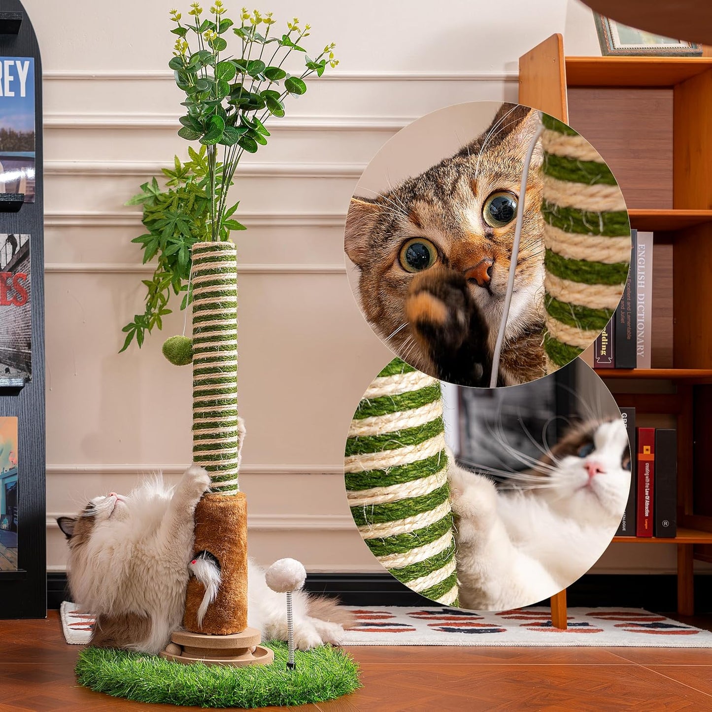 Cat Scratching Post 39'' Tall with Interactive Ball & Mouse Hole for Indoor Adult Cats, Sisal Rope Cat Tree Tower, Kitty Scratcher Furniture with Artificial Grass Tree for Kittens Cat Toys