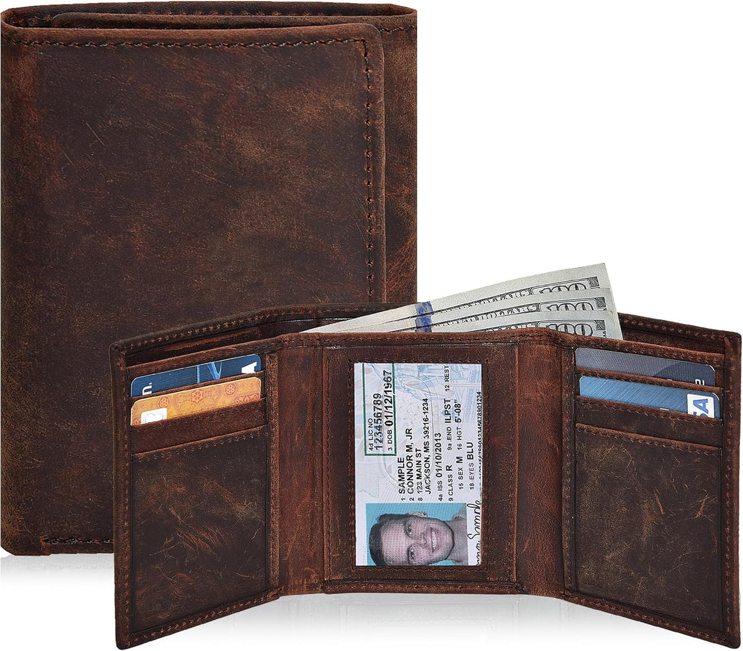 Real Leather Mens Trifold Wallet RFID Blocking Slim Minimalist Front Pocket - Thin & Stylish with ID Window in Gift Box