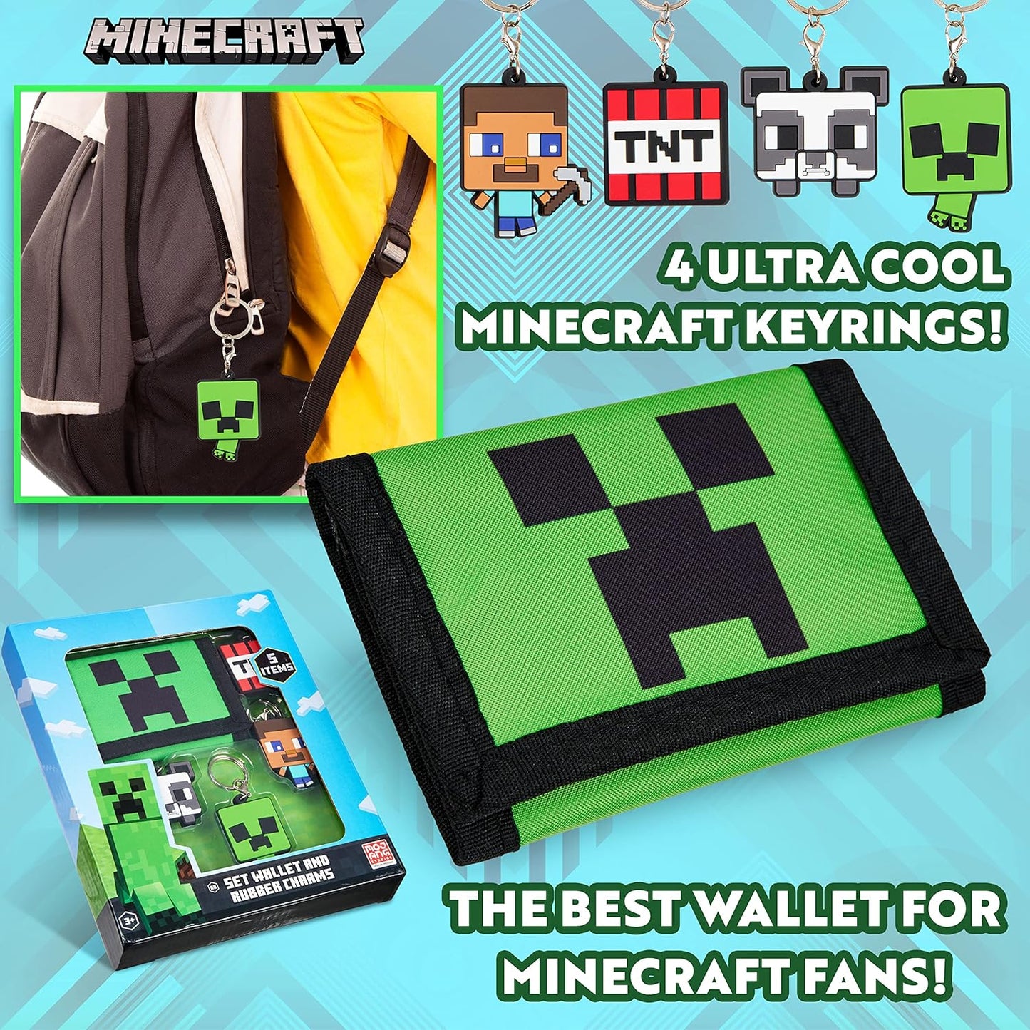 Minecraft Kids Wallets for Boys with Card Slots & Zip Coin Pocket & Keyrings, Official Merchandise Gifts for Kids