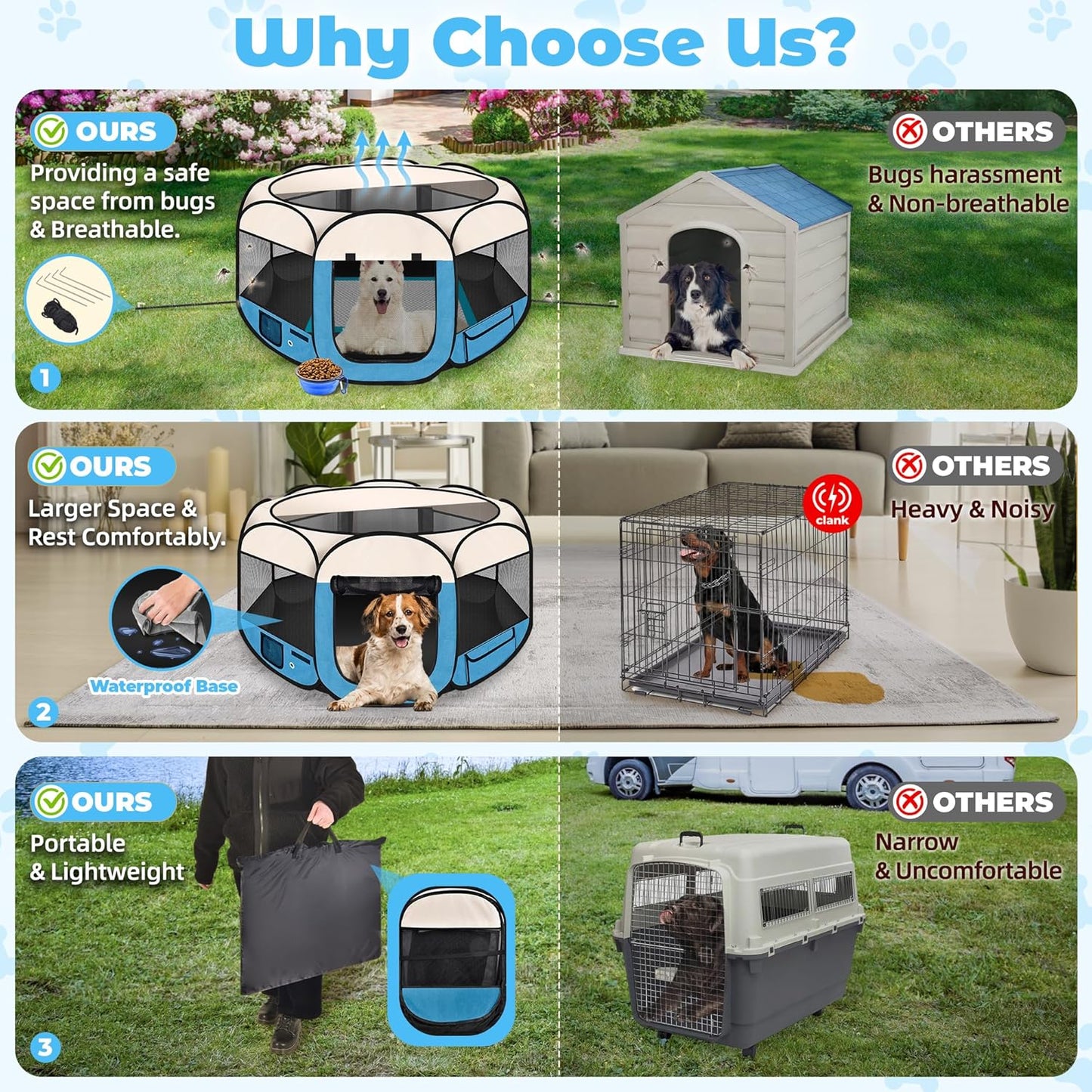 Dog Playpen 45", HOMAGICO Pet Playpen for Indoor Cats Enclosed, Portable Dog Cage Outdoor Tent Crate with Carrying Case, Water-Resistant and Removable Shade Cover, Blue