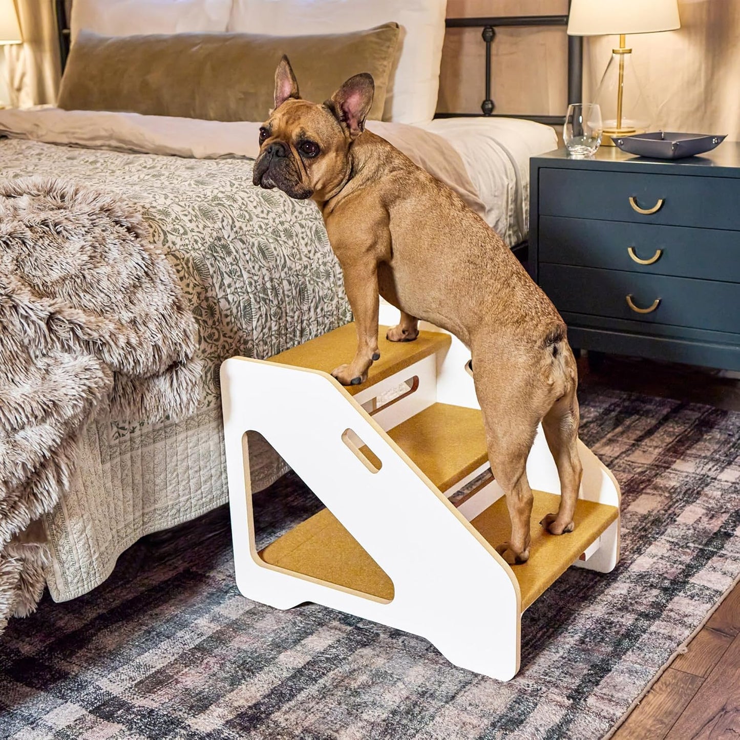 17-inch Three Step Pet Stairs - White/Tan